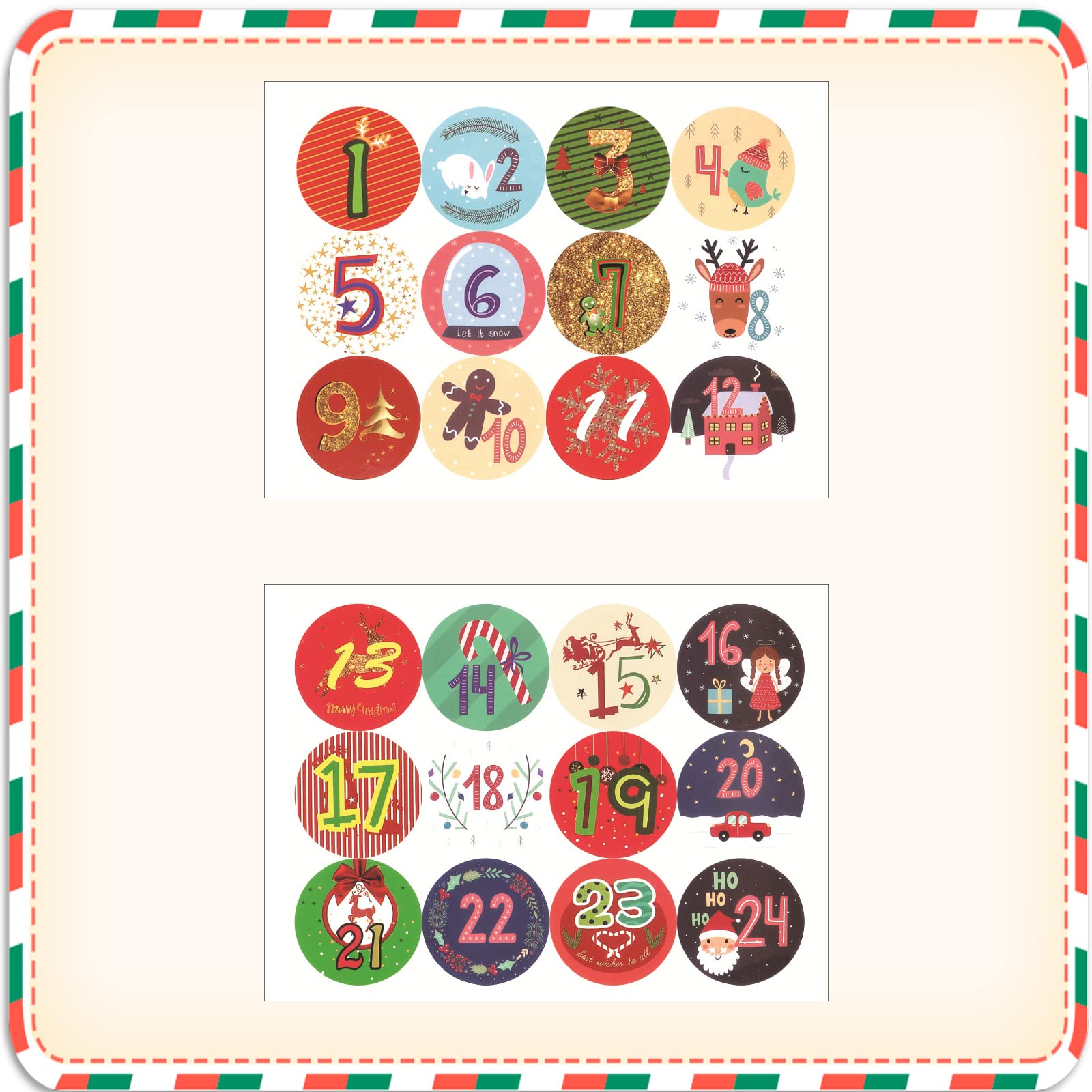 20 Sheets Christmas Advent Calendar Numbers Sticker,1-24 Christmas Countdown Calendar Stickers Diy Advent Calendar Stickers Chri