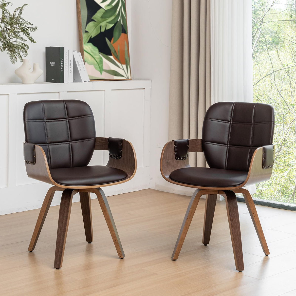 Set Of 2 Swivel Walnut Dining Chairs - Mid Century Dining Chairs With Arm And Curved Back, Walnut Craftsmanship, Bentwood Struct