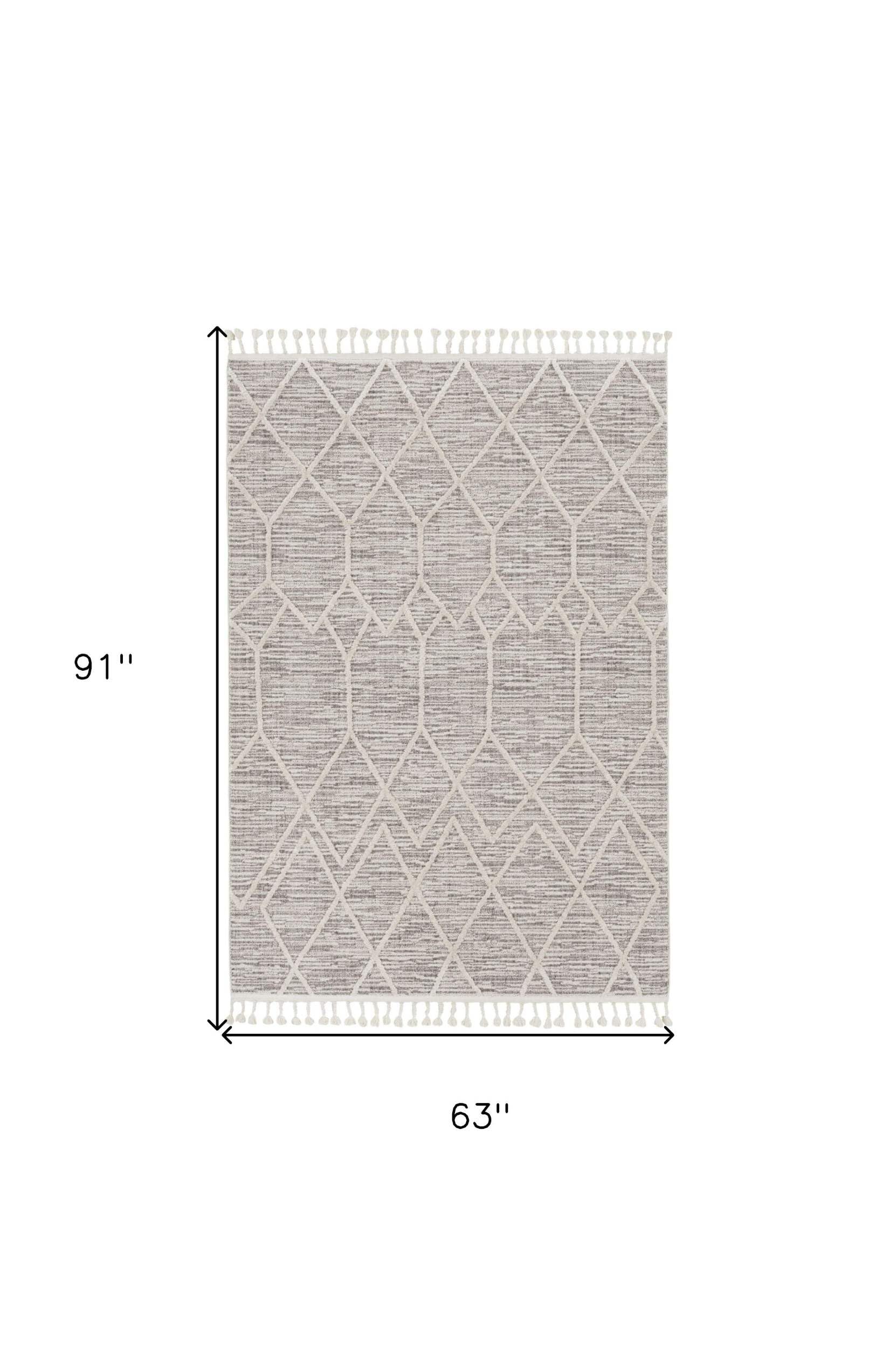 HomeRoots 5'X8' Ivory Grey Machine Woven Abstract with Fringe Indoor Area Rug