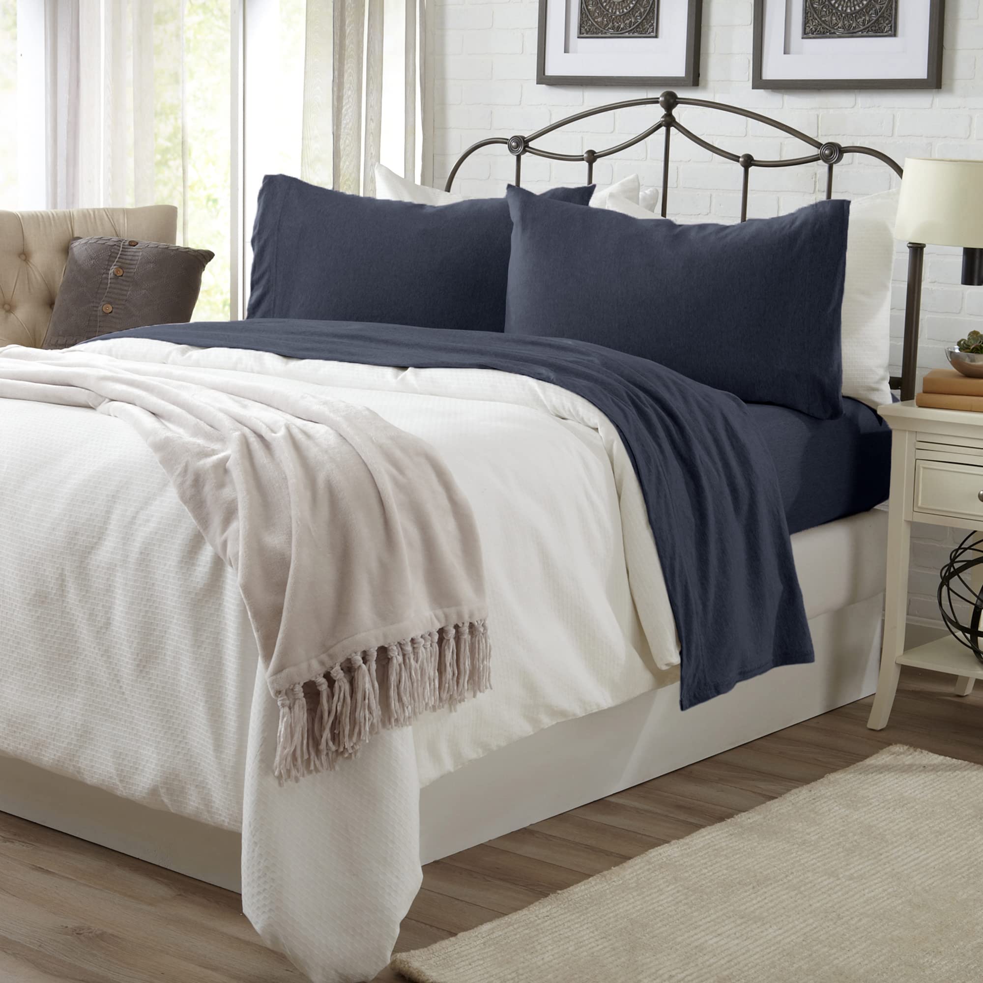 4 Piece Jersey Knit Queen Cotton Blend Light Navy Sheet Set | Ultra-Soft T-Shirt Jersey Bedding Sheets & Pillowcases | Heathered