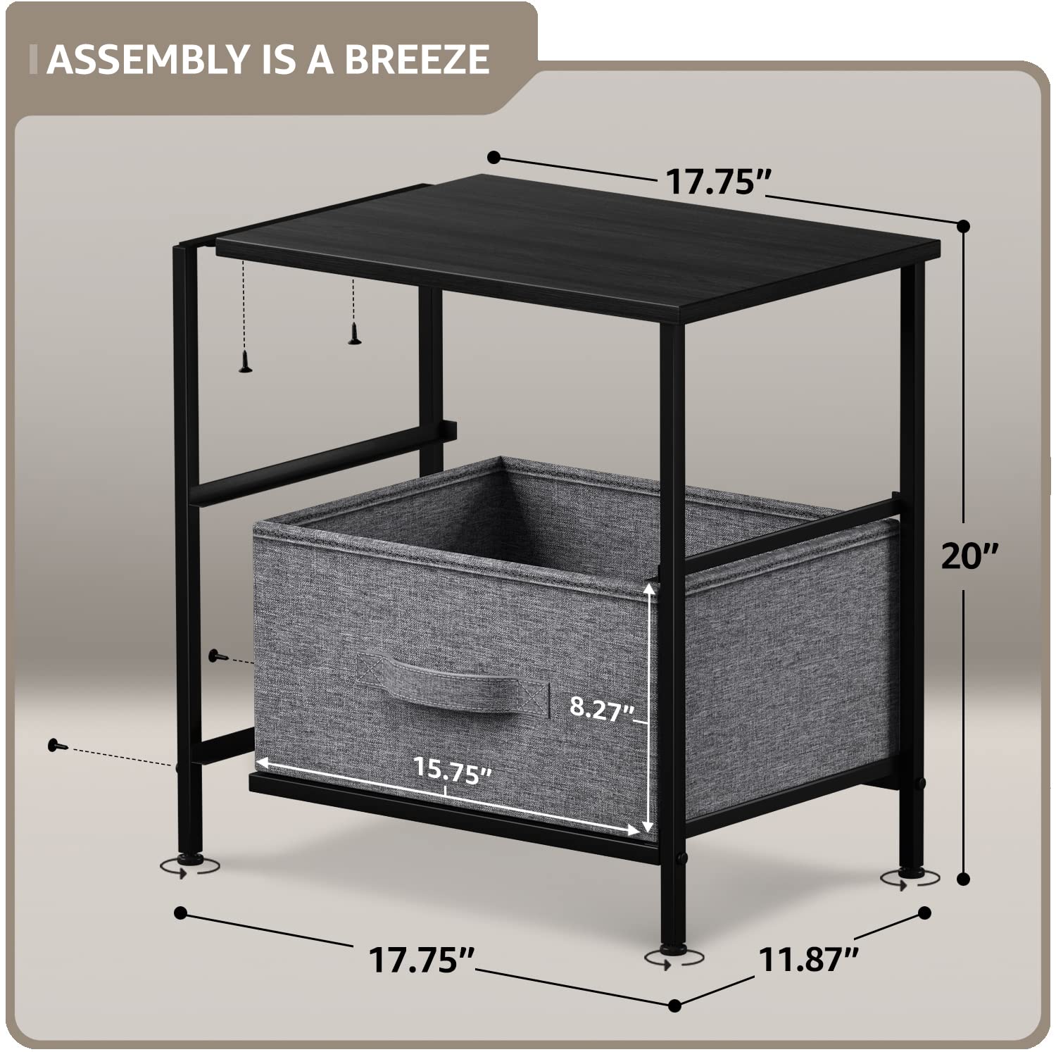 Sorbus Nightstand With 2 Drawers - Bedside Furniture End Table Night Stand With Steel Frame, Wood Top & Easy Pull Fabric Bins - Small Dresser & Chest For Home, Bedroom Accessories & Office