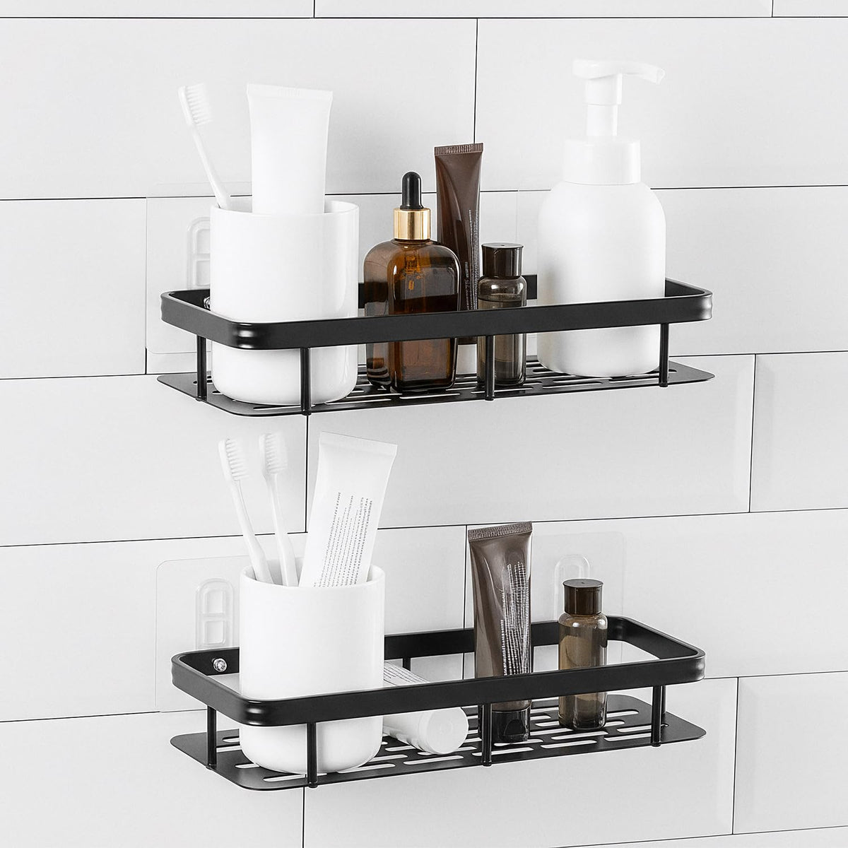 Amazon Basics SelfAdhesive Aluminium Bathroom Wall Shelf | WaterResistant | Pack of 2 | ToolFree Installation | Black | 30D x
