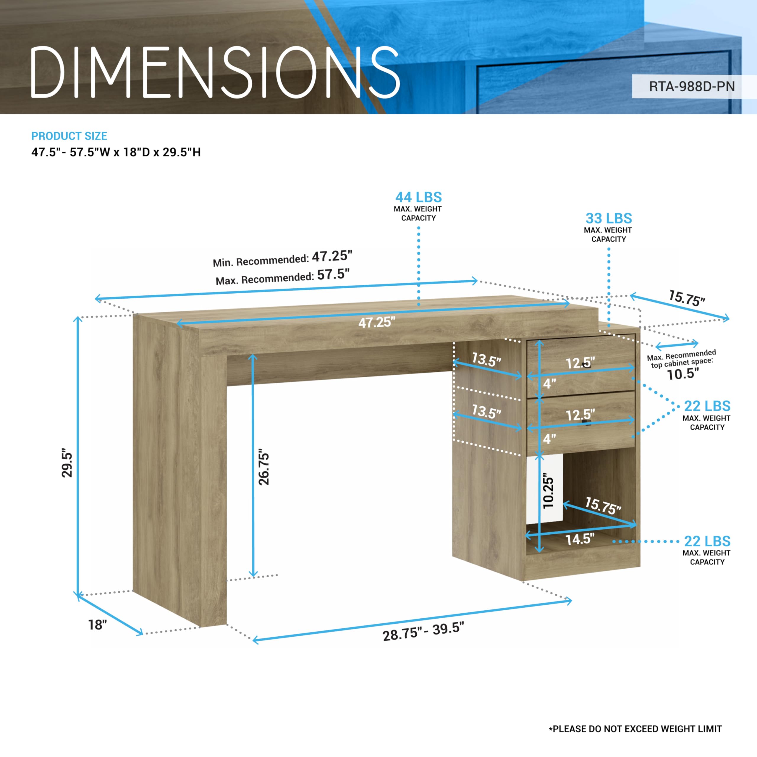 Techni Mobili Expandable Desk With Storage Drawers & Open Shelf - Expands From 47 Inch To 57 Inch - Pine Computer Desk With Printer Space - Modern Home Office Table With Drawers Blanco Collection