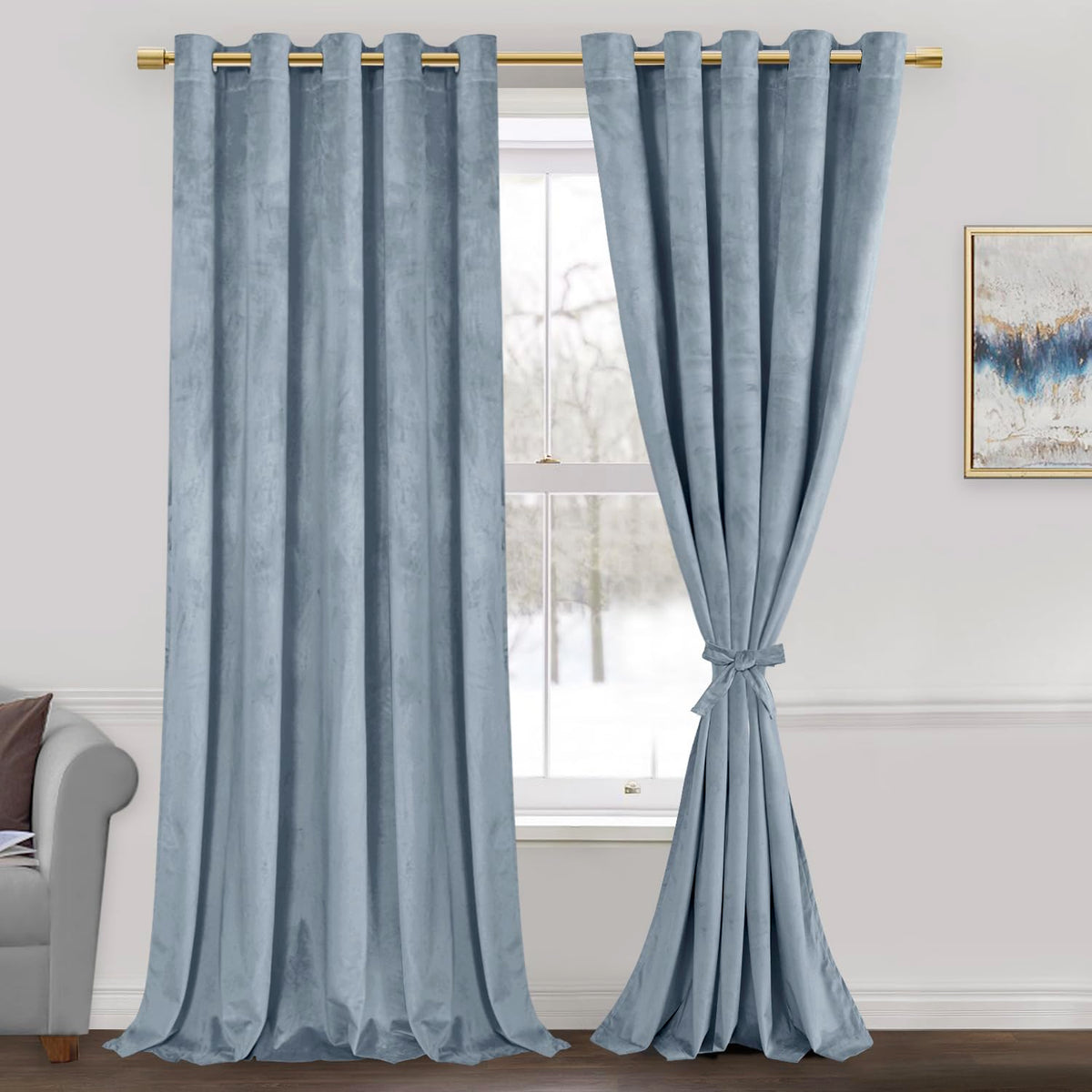 Jiuzhen Stone Blue Velvet Curtains - Super Soft Bedroom Window Curtains & Drapes Room Darkening Energy Efficiency Curtains For L