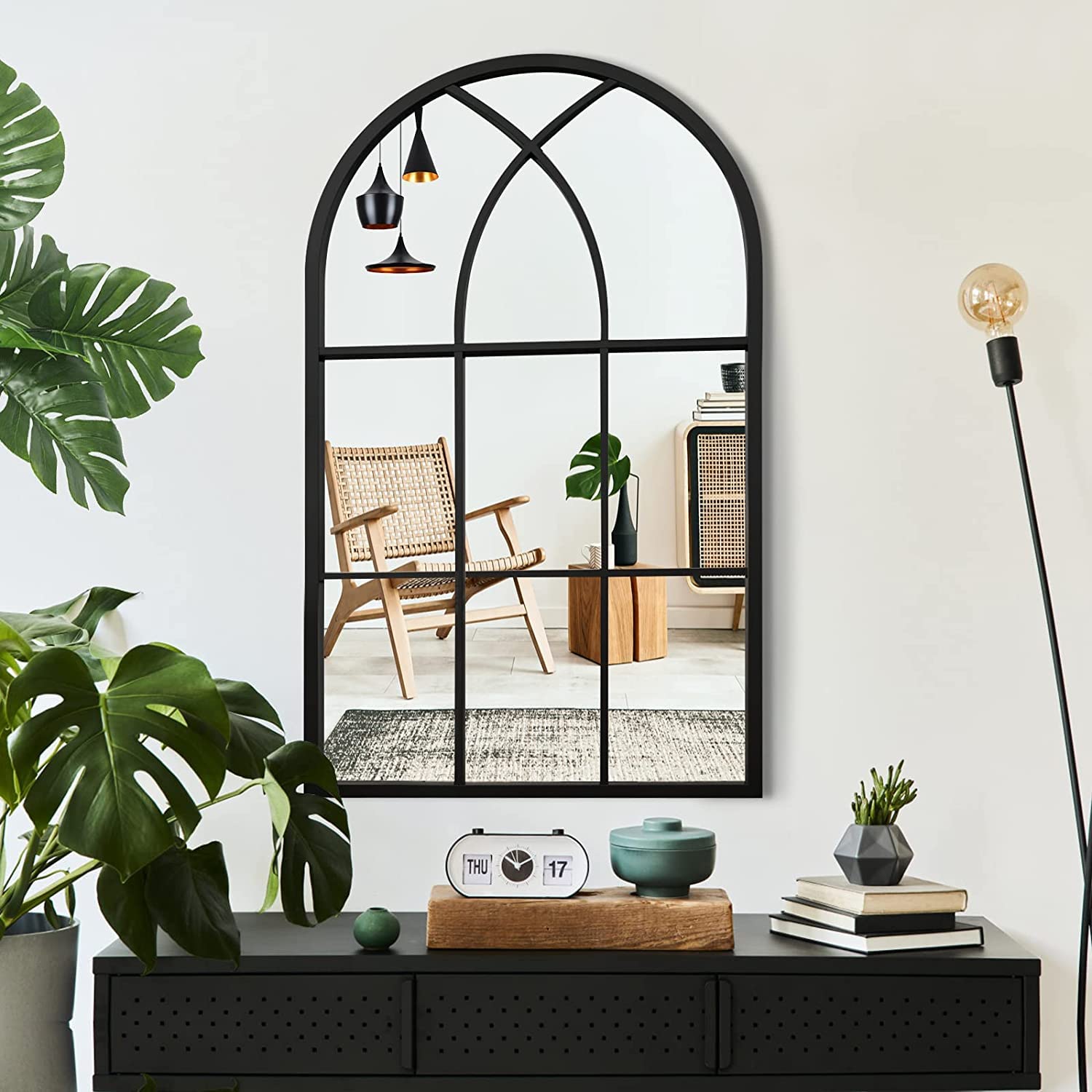 ironsmithn Arched Window Mirror, 31.5x19.7 Grid Mirror, Windowpane Mirror, Black Metal Wall Mirror for Decor Living Room Firepla