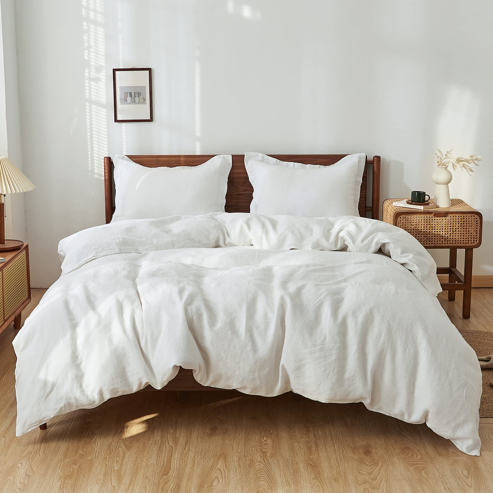 Simple&Opulence 100% Linen Duvet Cover Set with WashedFrench Flax3 Pieces Solid Color Basic Style Bedding SetBreathable Soft 