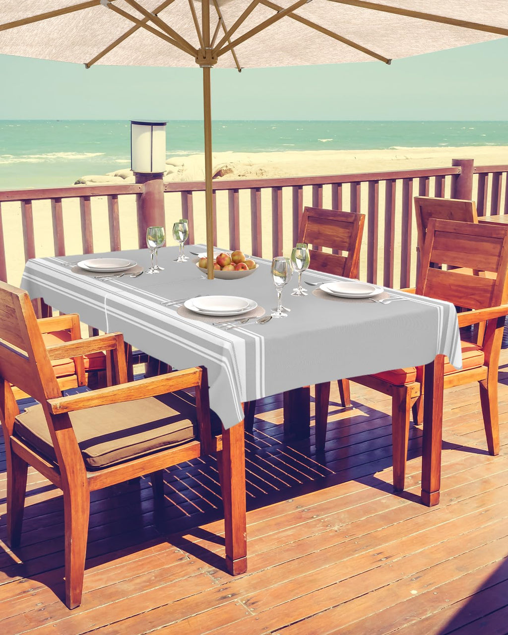 Queenker Outdoor Tablecloth With Umbrella Hole, Farmhouse Gray White Stripe Rectangle Tables Waterproof Tabletop Collection For