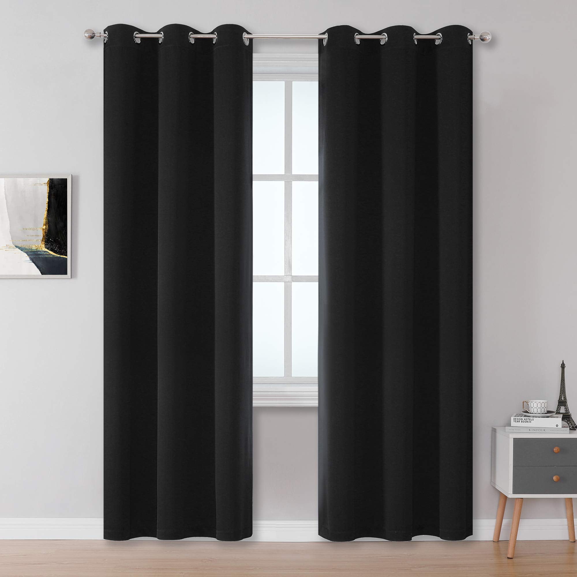 Dualife Black Blackout Curtain For Living Room 84 Inch Length Solid Energy Efficient Room Darkening Bedroom Curtains Panels/Drap