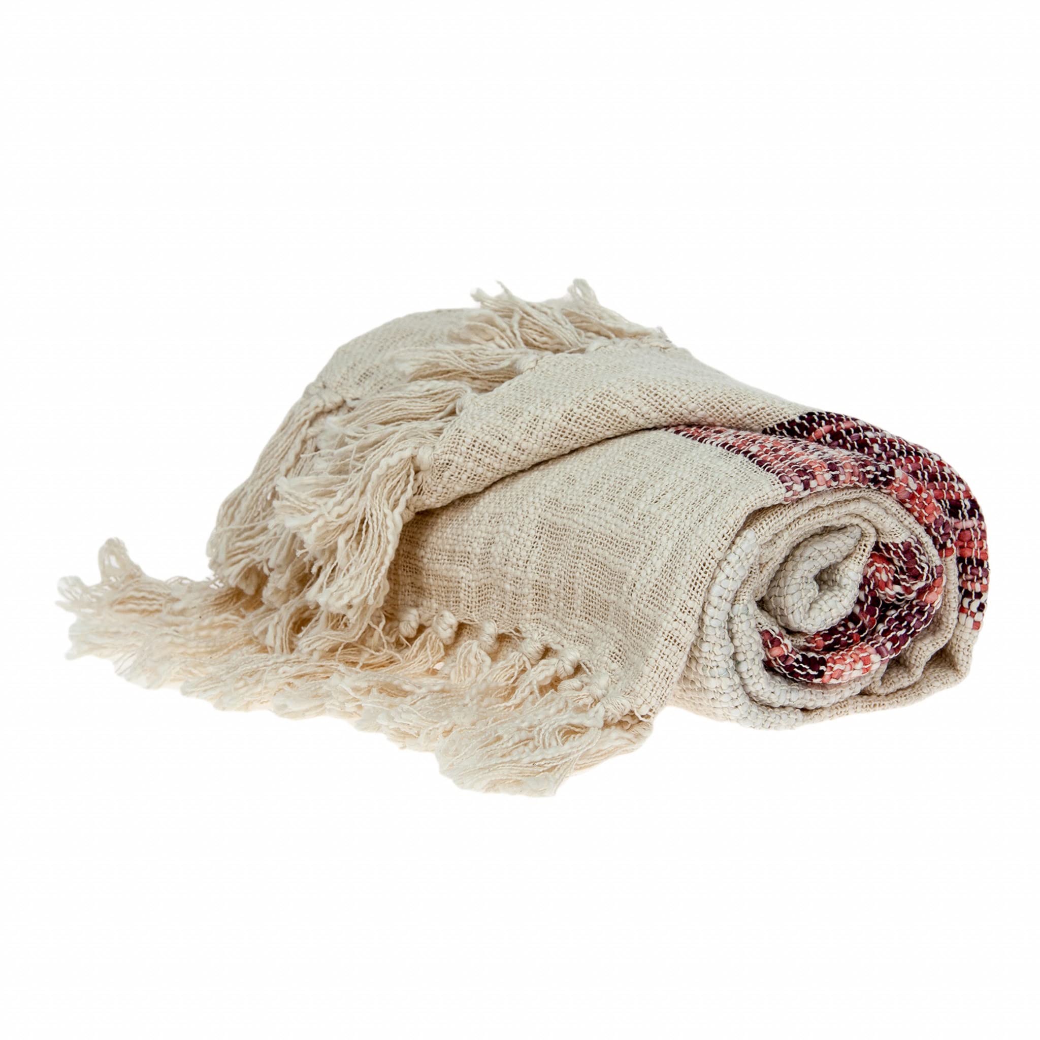 HomeRoots 100% Cotton Beige and Shades of Pink Strips Woven Handloom Throw Blanket