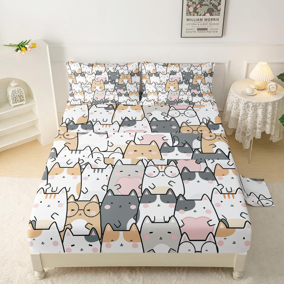 Qoomo Kawaii Kids Sheets Twin Size,Kawaii Cat 16' Deep Pocket Bed Sheet Set,Cartoon Cat Printed Bedroom Decor Sheet Set Soft An