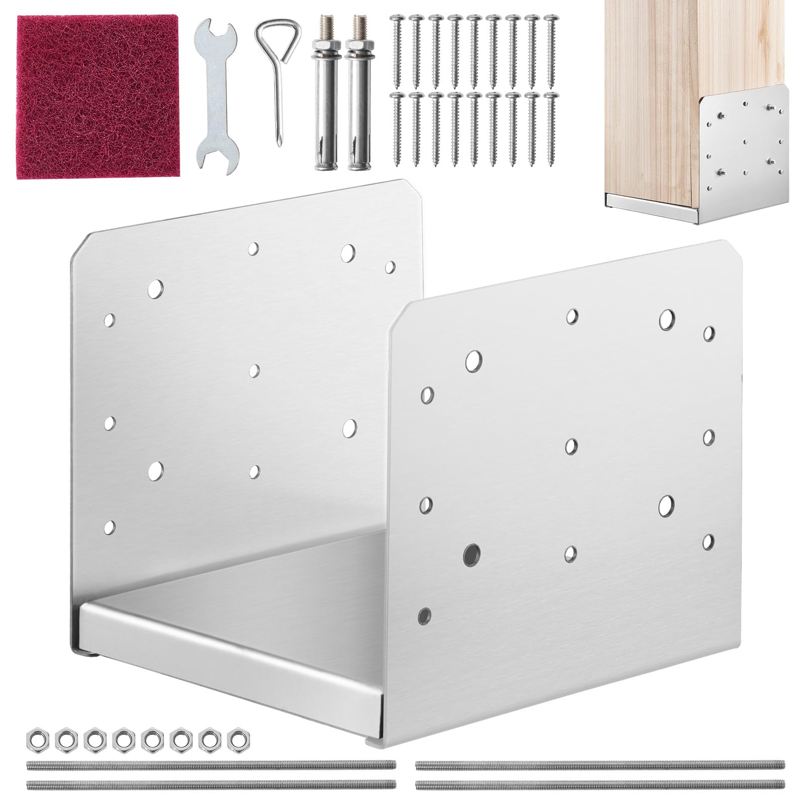 VEVOR 8''x 8'' Post Base, 1Pcs Stainless Steel Adjustable Post Anchor Bracket(Internal 7.8 x 7.3''), Adjustable Post Base for Pa