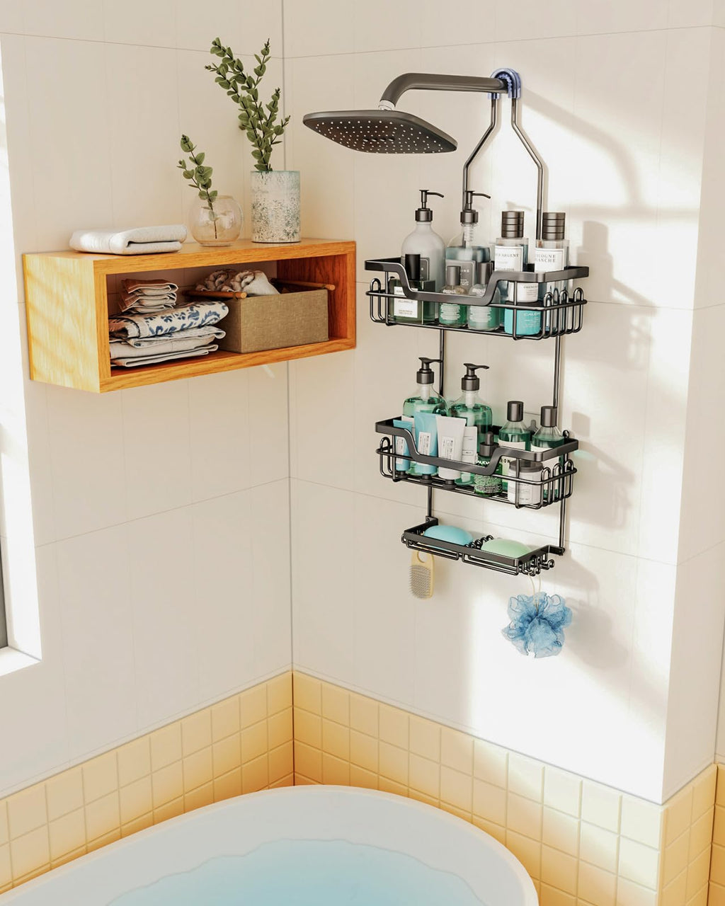Swtymiki 3 Tier Rustproof Hanging Shower Caddy With 16 Hooks & Dual Soap Holder, Large Capacity Over Shower Organizer For Bathro