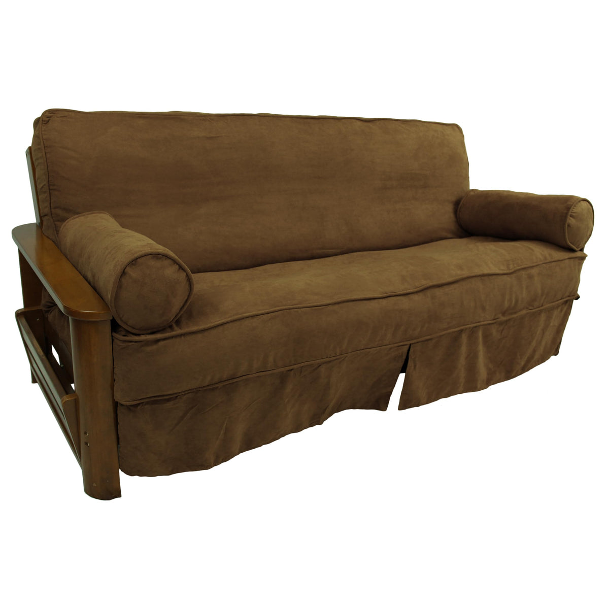 Blazing Needles Solid Microsuede Double Corded 8&quot; to 9&quot; Futon Slipcover Set with 2 Bolster Pillows (Set of 3), Full, Saddle Brown