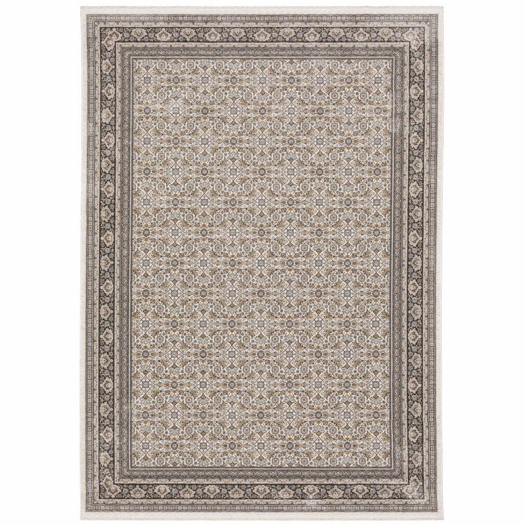 HomeRoots 509406 8 x 11 ft. Ivory & Gray Oriental Power Loom Stain Resistant Rectangle Area Rug with Fringe