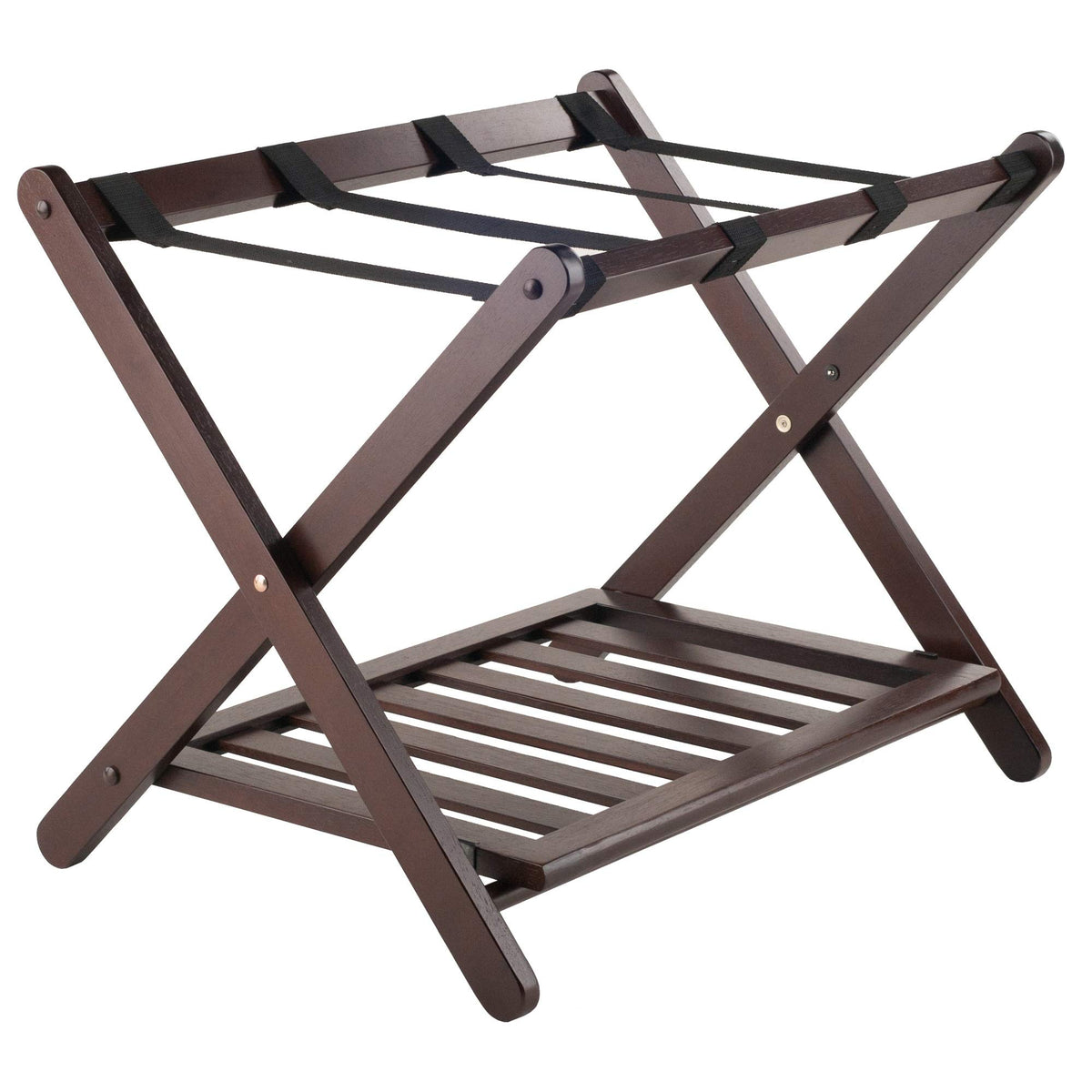 Ergode Wood Remy Luggage Rack with Lower Shelf - Sturdy Solid Wood, Cappuccino Finish, Foldable, Holds up to 75 lbs, Convenient Storage Solution