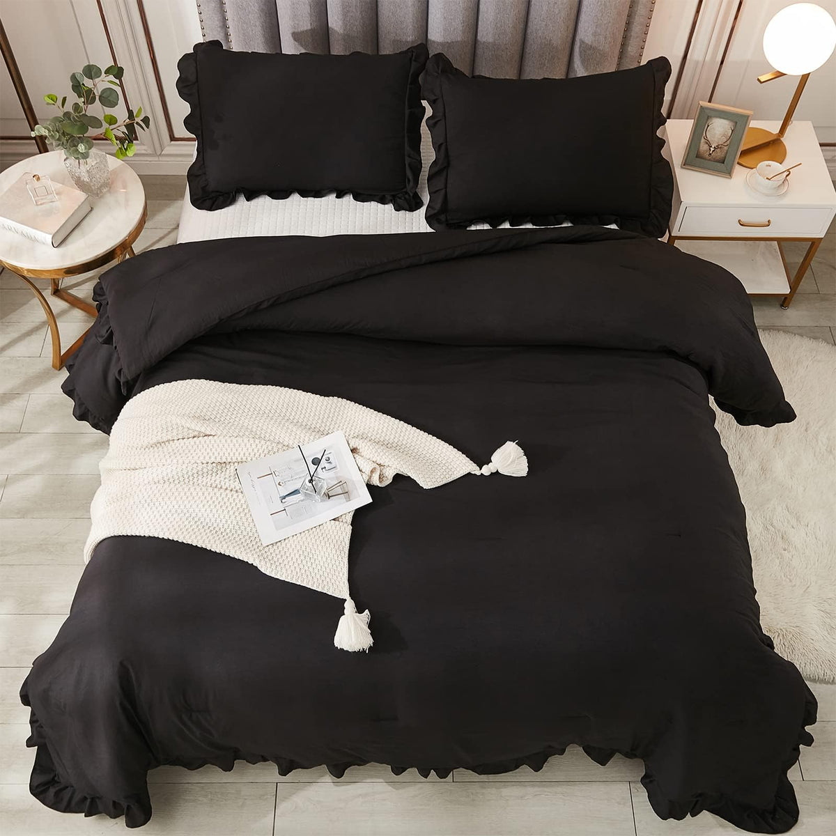 Andency California King Comforter Set Black (104X96Inch), 3 Pieces Cal King Ruffle Comforter, Oversized Farmhouse Shabby Chic Be