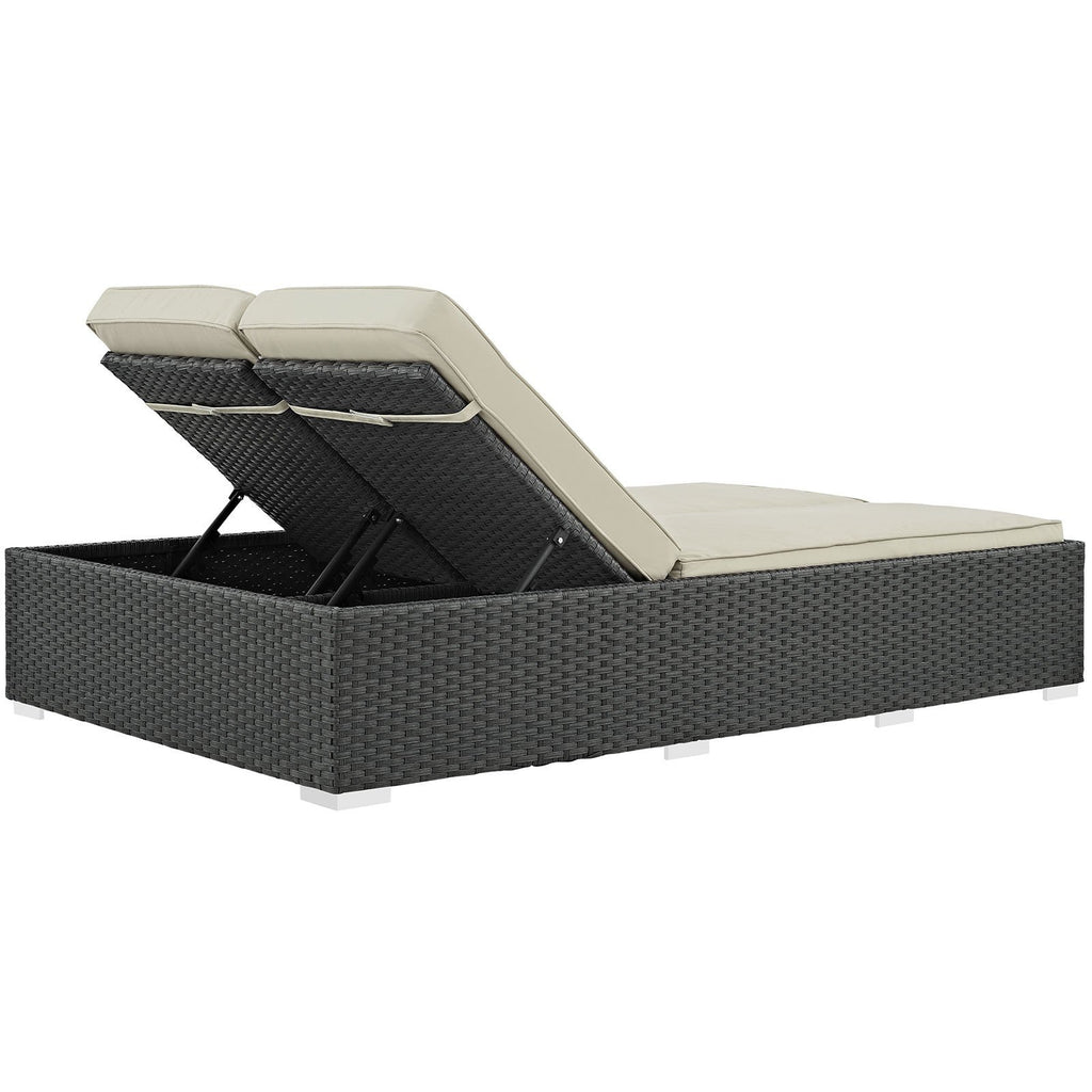 Modway Sojourn Wicker Rattan Outdoor Patio Sunbrella Fabric Double Chaise in Chocolate Navy