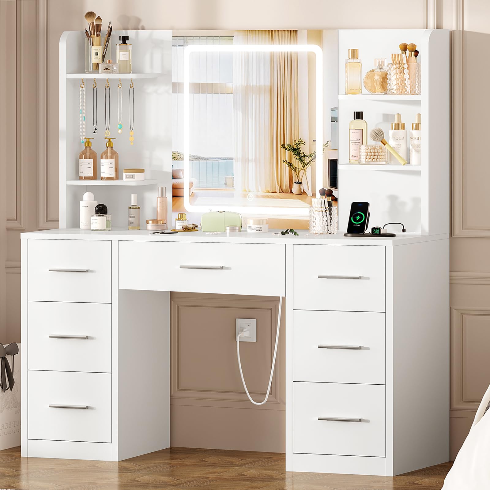 FIONESO Large Vanity Desk with LED Lighted Mirror & Power Outlet, Makeup Vanity Table with 7 Drawers,4 Shelves and 5 Hooks, Whit