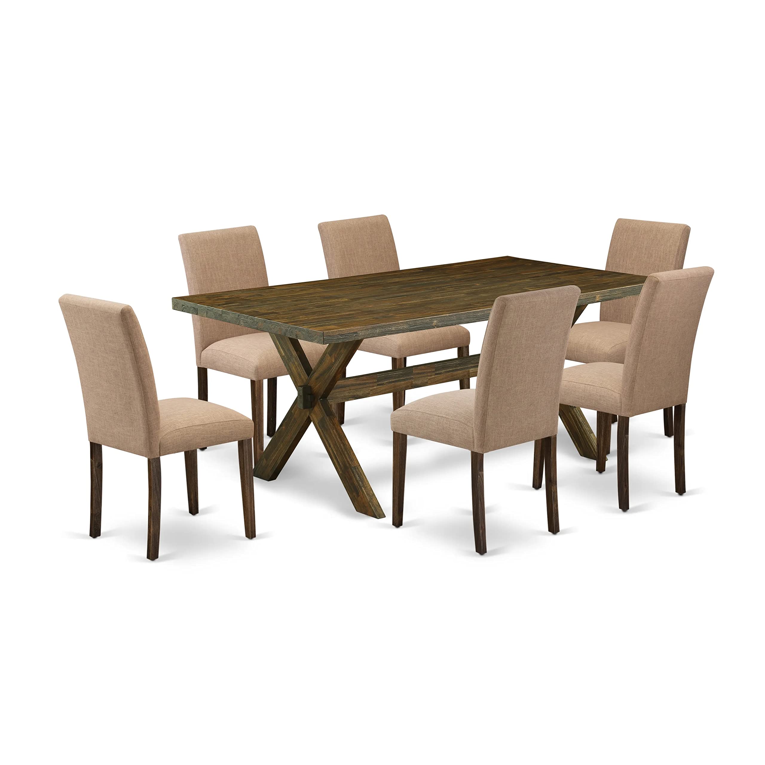East West Furniture X777Ab747-7 7 Piece Dining Room Furniture Set Consist Of A Rectangle Dining Table With X-Legs And 6 Light Sable Linen Fabric Parsons Chairs, 40X72 Inch, Multi-Color