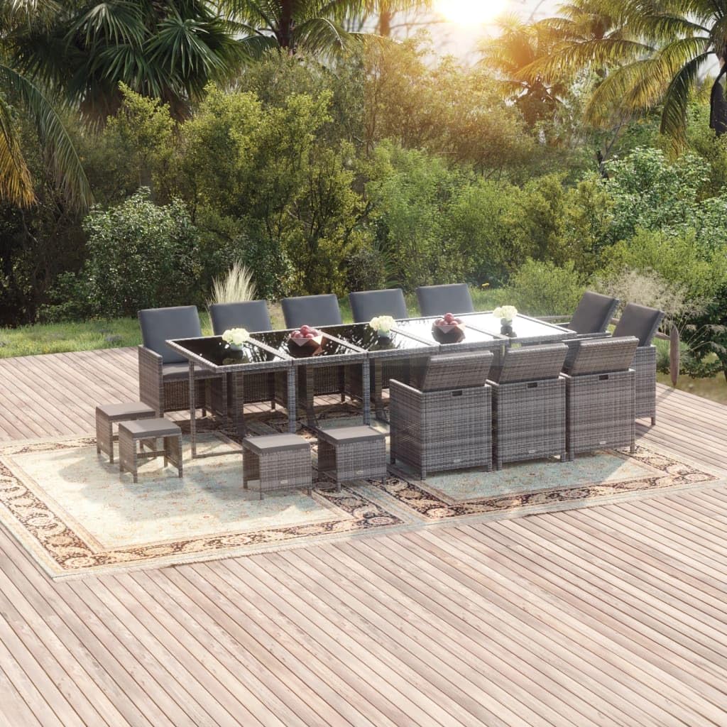 vidaXL Patio Dining Set 15 Piece with Cushions Garden Outdoor Lawn Yard Terrace Balcony Table and Chair Seat Seating Furniture Poly Rattan Gray