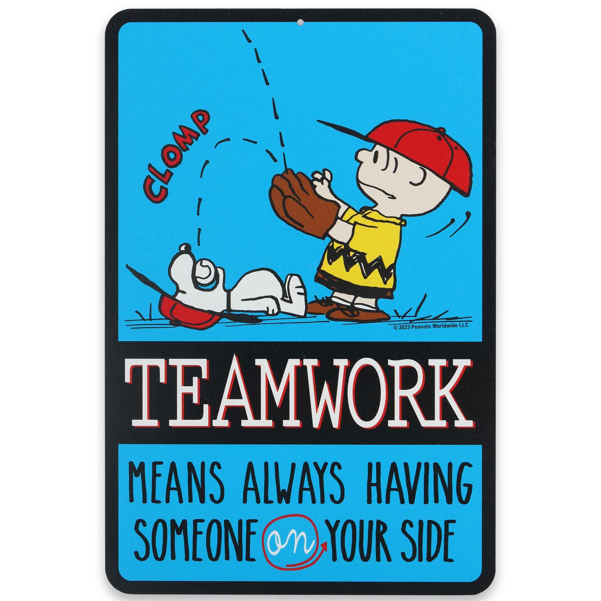 Peanuts Charlie Brown and Snoopy Baseball Teamwork Metal Sign - Fun Charlie Brown Sign for Kids Bedroom or Classroom