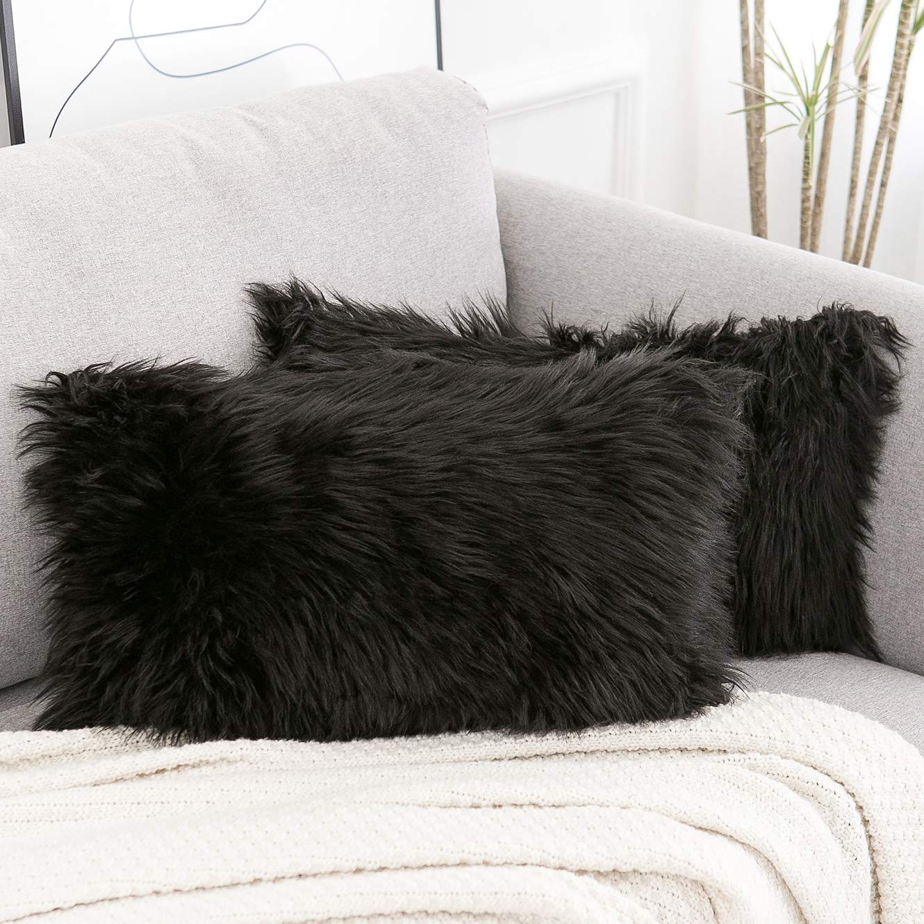 Wlnui Set Of 2 Lumbar Black Decorative Pillow Covers New Luxury Series Merino Style Faux Fur Fluffy Throw Pillow Covers Fuzzy Cu
