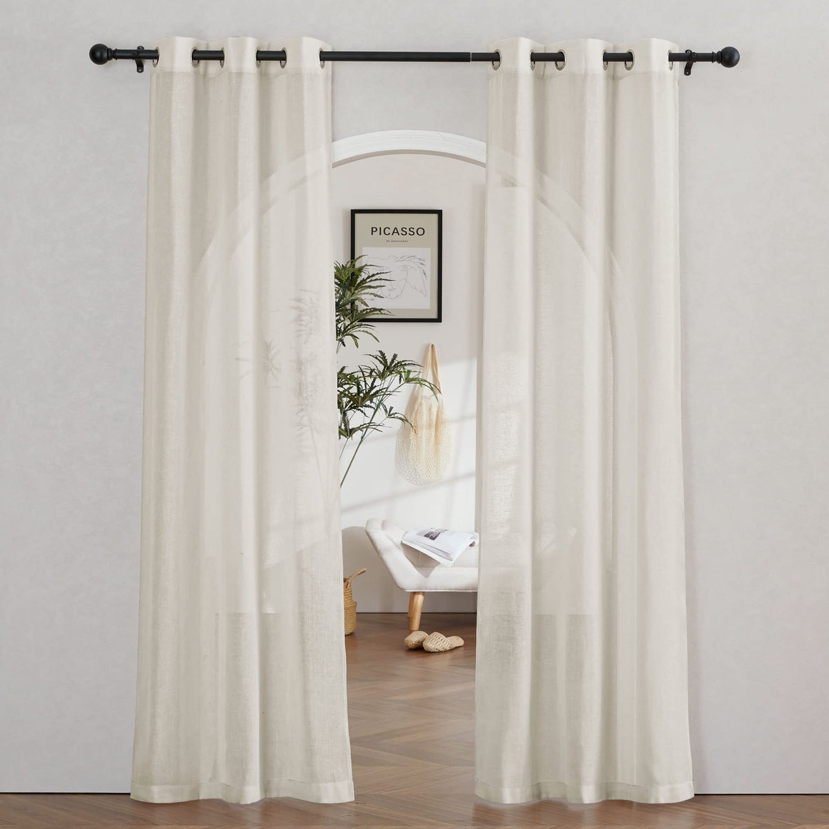 Nicetown Natural Linen Curtains For Farmhouse 84 Inch Length, Grommet Privacy Semi Sheer Linen Burlap Drapes With Light Penetrat