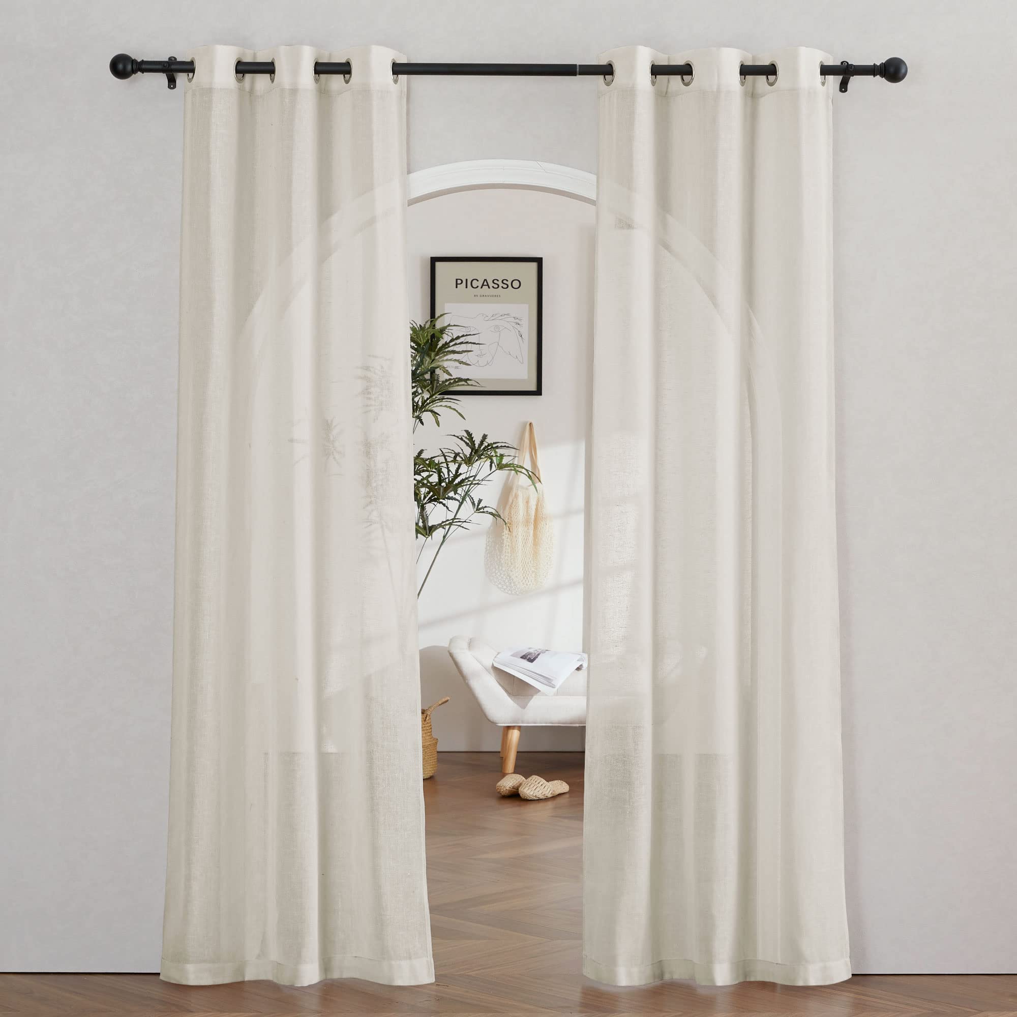 Nicetown Natural Linen Curtains For Farmhouse 84 Inch Length, Grommet Privacy Semi Sheer Linen Burlap Drapes With Light Penetrat