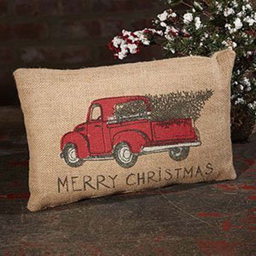 The Country House Collections Merry Christmas Red Vintage Truck 12 X 8 Rectangular Burlap Throw Pillow