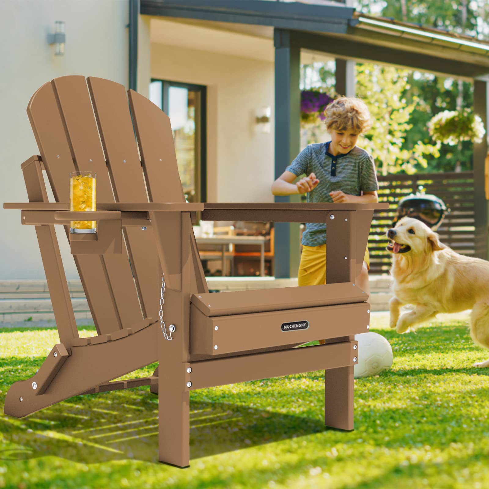 Muchenghy Folding Adirondack Chairs, Patio Chairs, Lawn Chairs, Outdoor Chairs, Adirondack Chair Plastic, Fire Pit Chairs, Weather Resistant With Cup Holder For Deck, Backyard, Garden(Teak)