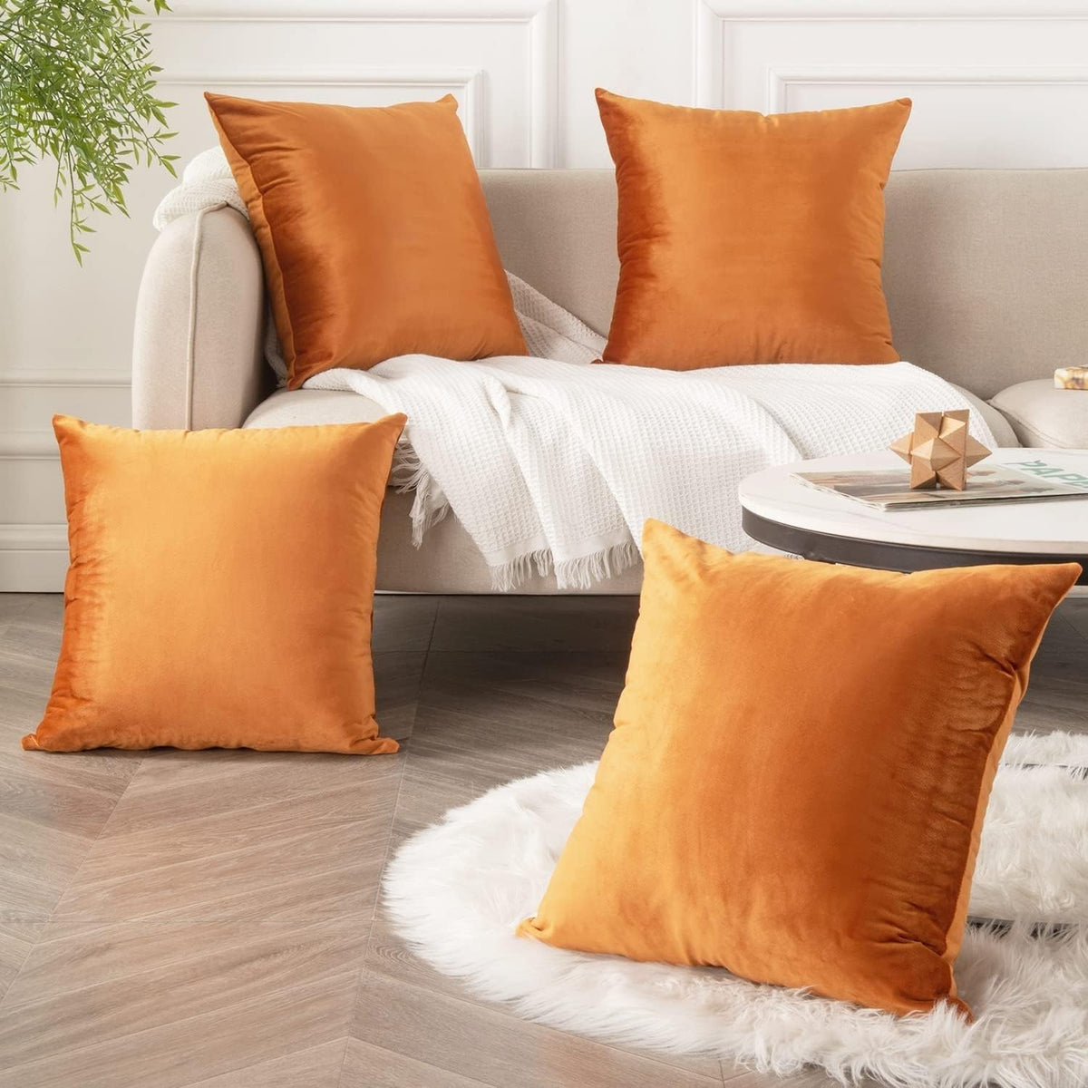 Stuffique Velvet Throw Pillow Covers Pack Of 4 Decorative Pillowcases/Cushion Covers 16 X 16 Inch (Orange)