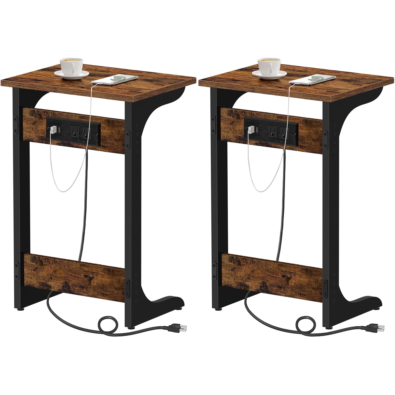 TUTOTAK C Shaped End Table with Charging Station, Set of 2, Couch Table, Tv Tray Table with 2 USB Ports and Outlets, Sofa Side T