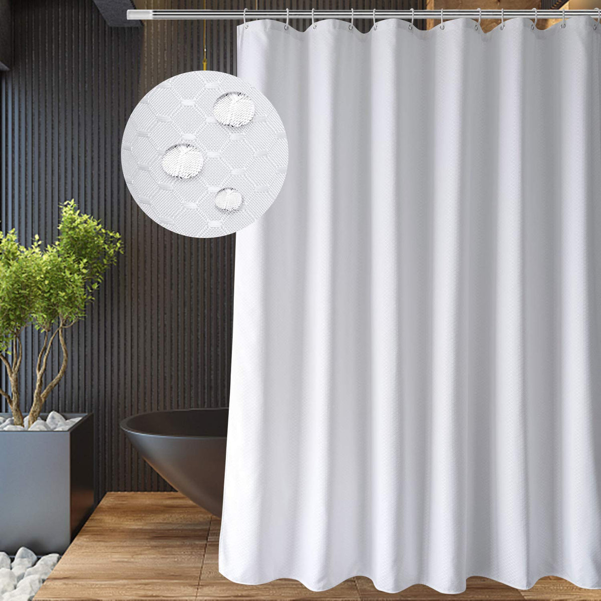 Eurcross White Waffle Pattern Fabric Shower Curtain 72 X 78 Inch, Heavyweight, Water-Repellent Longer Bathroom Shower Curtain 6F