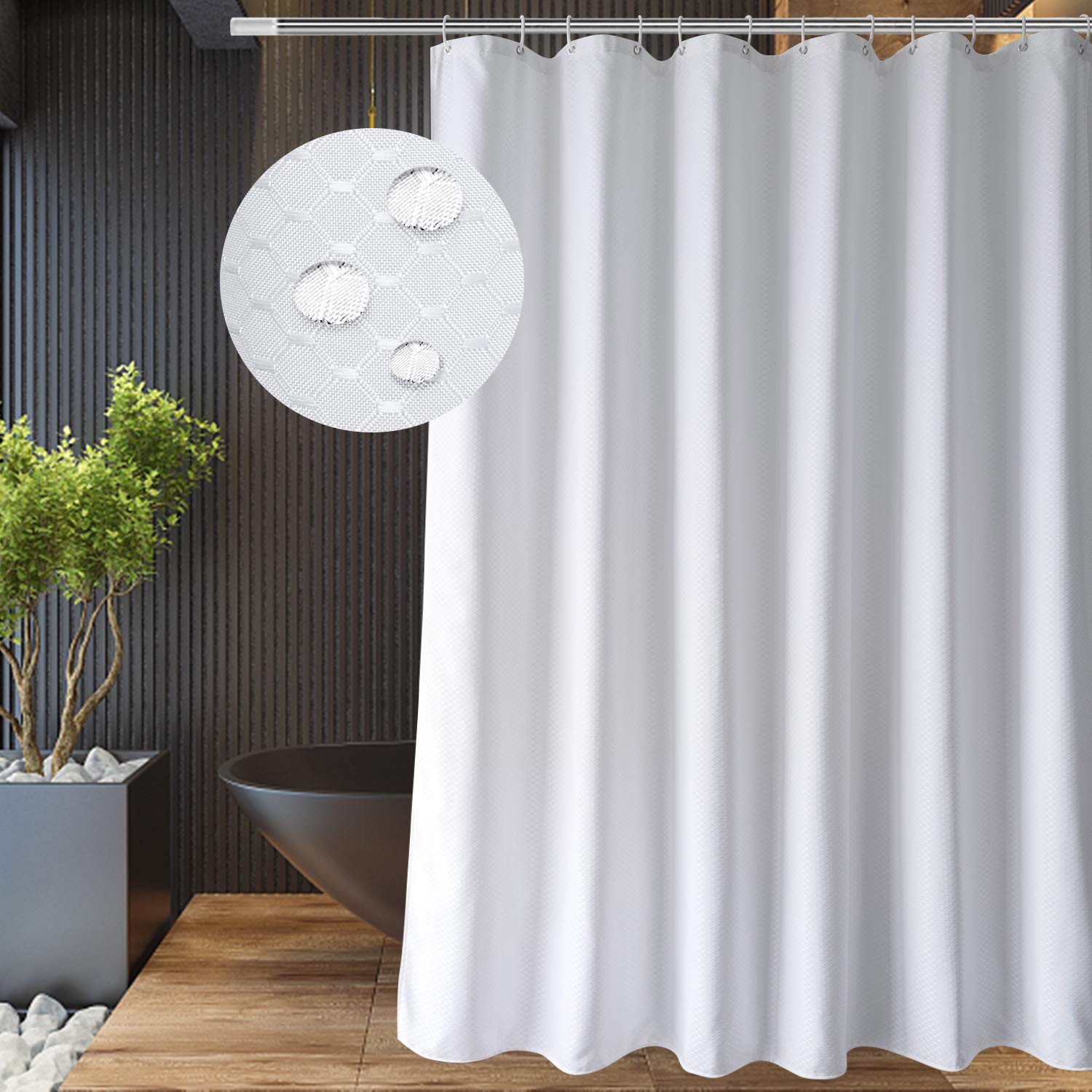 Eurcross White Waffle Pattern Fabric Shower Curtain 72 X 78 Inch, Heavyweight, Water-Repellent Longer Bathroom Shower Curtain 6F