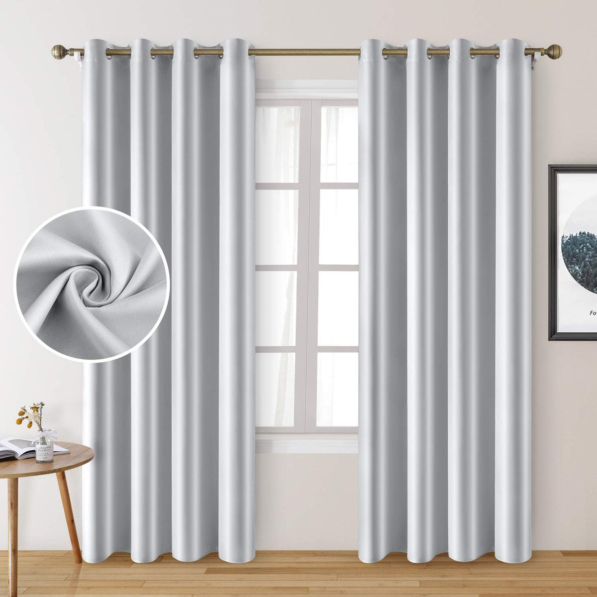 Homeideas 2 Panels Greyish White Faux Silk Curtains White Blackout Curtains For Bedroom 52 X 96 Inch Room Darkening Satin Drapes