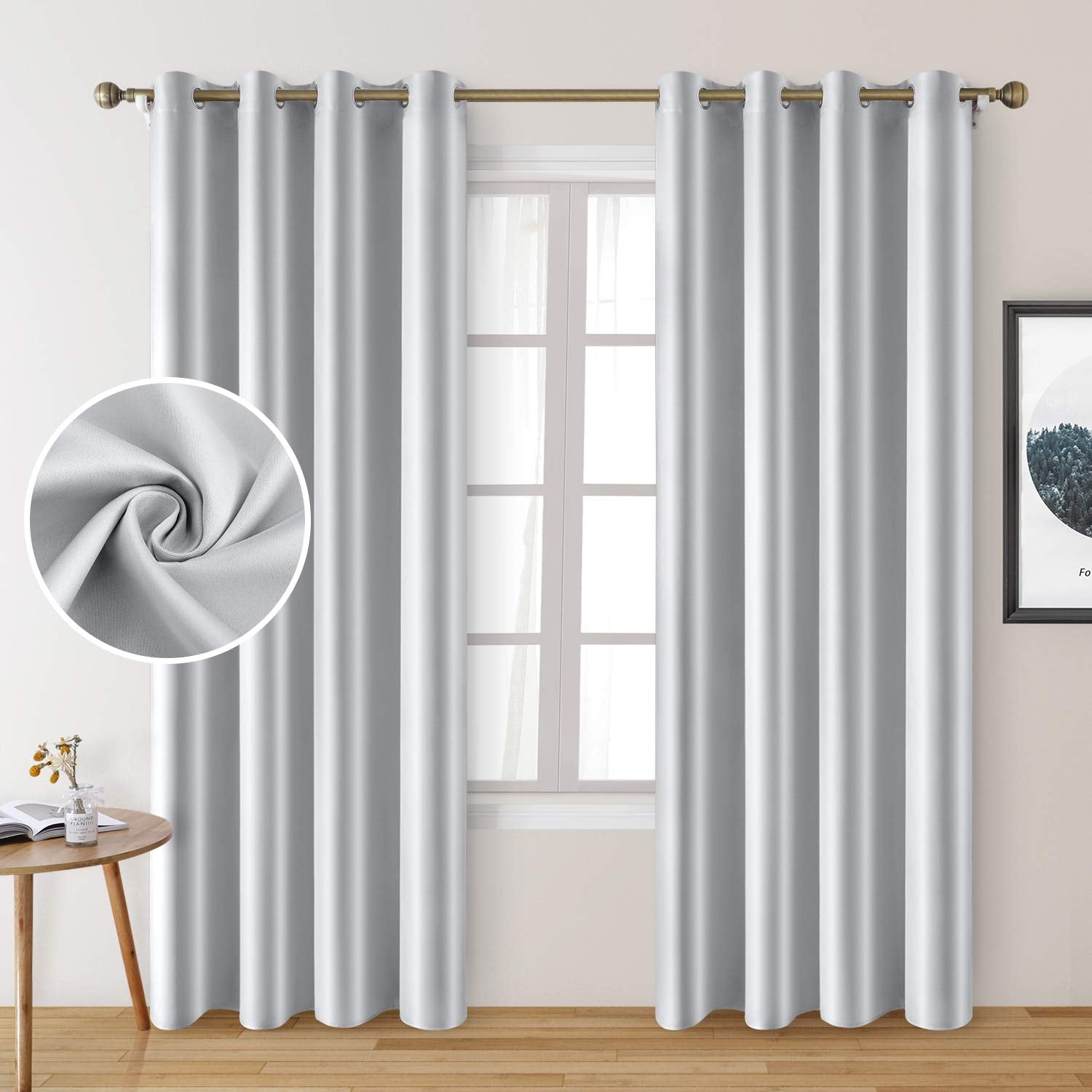 Homeideas 2 Panels Greyish White Faux Silk Curtains White Blackout Curtains For Bedroom 52 X 96 Inch Room Darkening Satin Drapes