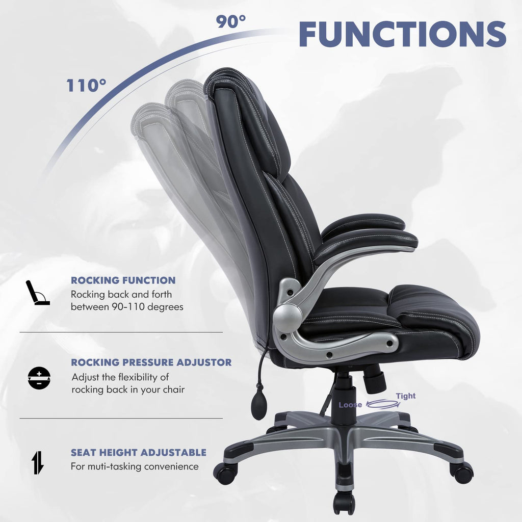 Colamy Leather Executive Office Chair- High Back Home Computer Desk Chair With Padded Flip-Up Arms, Adjustable Tilt Lock, Swivel Rolling Ergonomic Chair For Adult Working Study-Black, Set Of 2