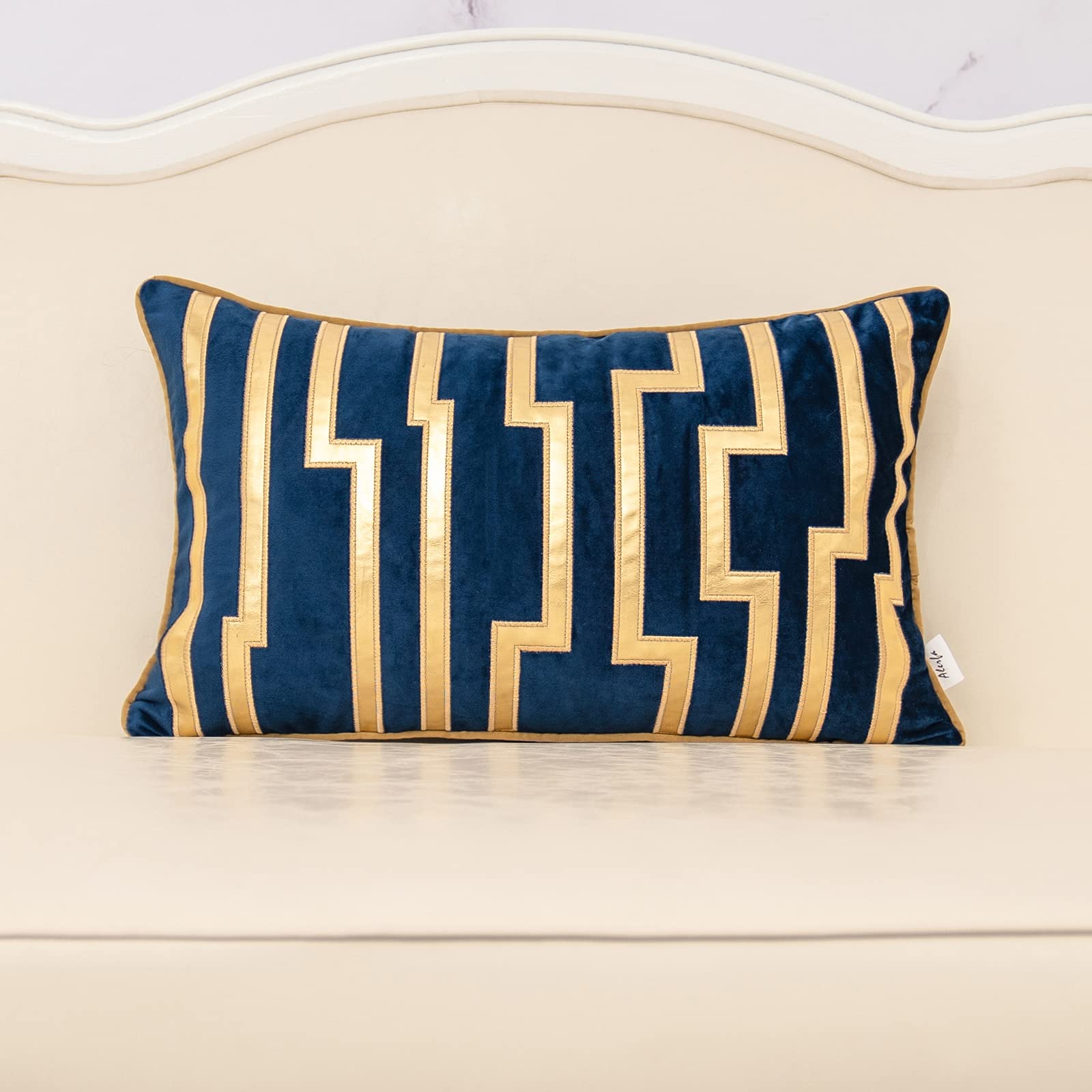 Alerfa 12 X 20 Inches Navy Blue Geometric Silver Leather Striped Cushion Cases Luxury European Throw Pillow Covers Decorative Pi