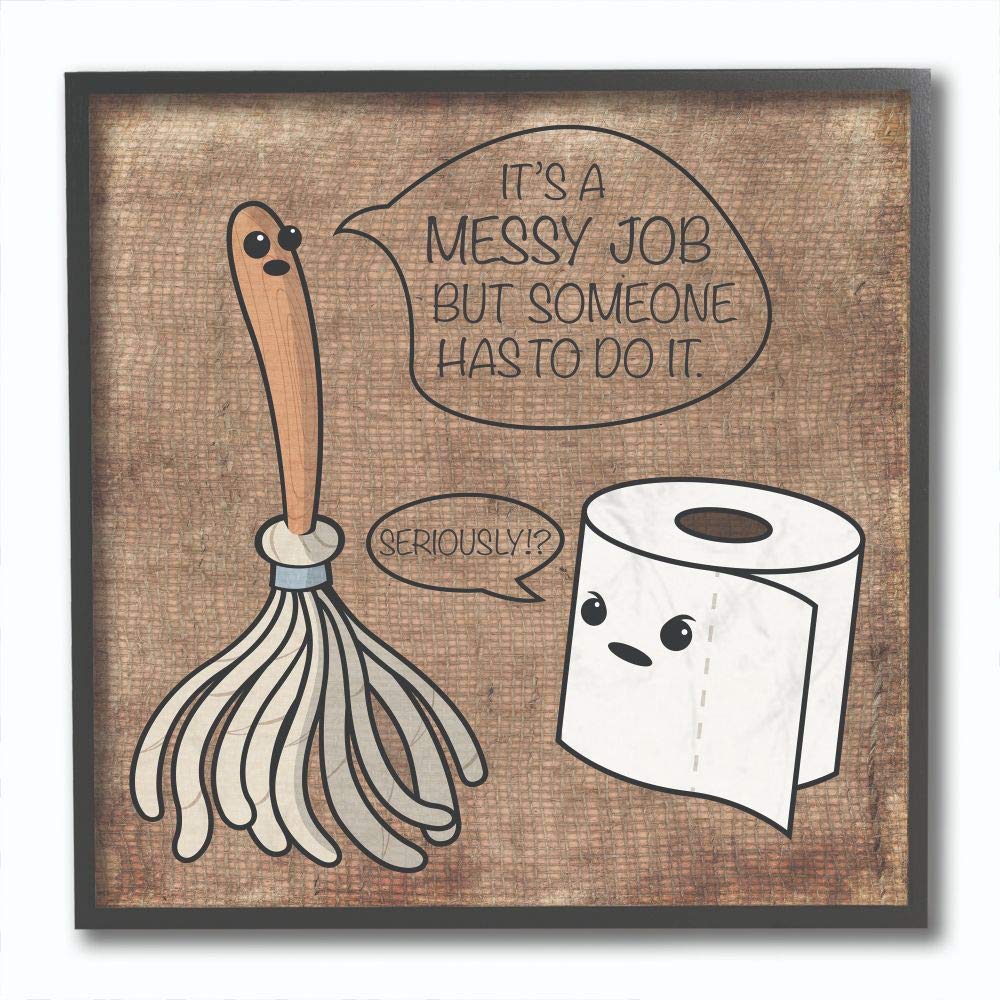 Stupell Home D  cor Toilet Paper and Mop Cartoon Framed Giclee Texturized Art, 12 x 1.5 x 12, Proudly Made in USA
