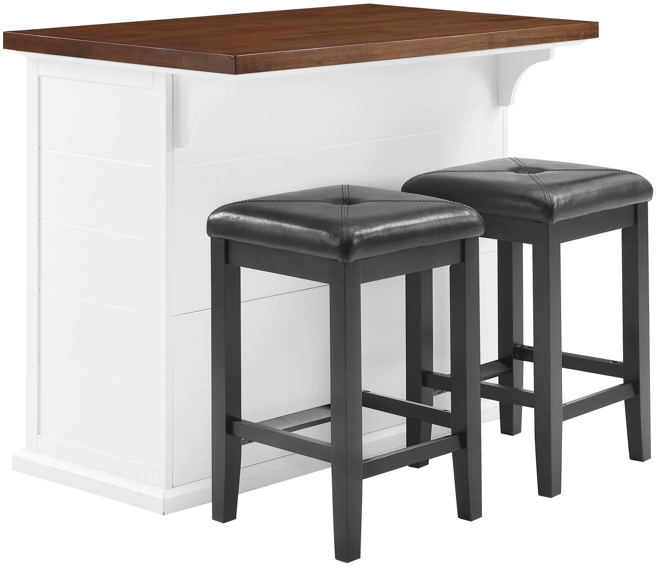 Crosley Furniture Bartlett Kitchen Island with Wood Top and Upholstered Square Stools, White/Black