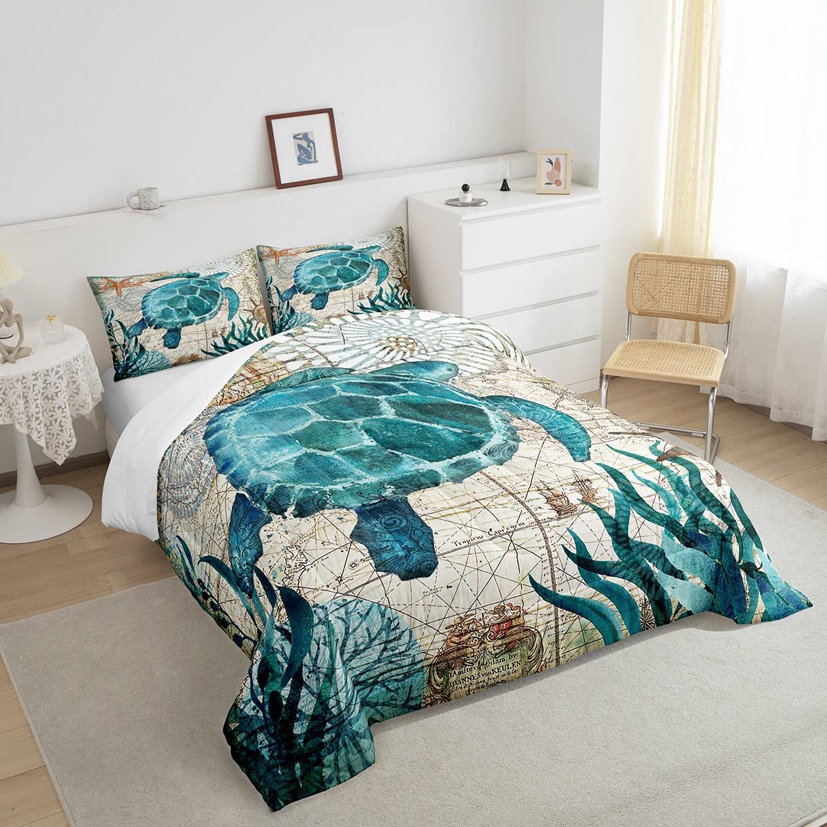 Erosebridal Turtle Bedding Teal Turtle Comforter Set Turquoise Ocean Themed Mediterranean Style Printed Design Ocean Turtle Down