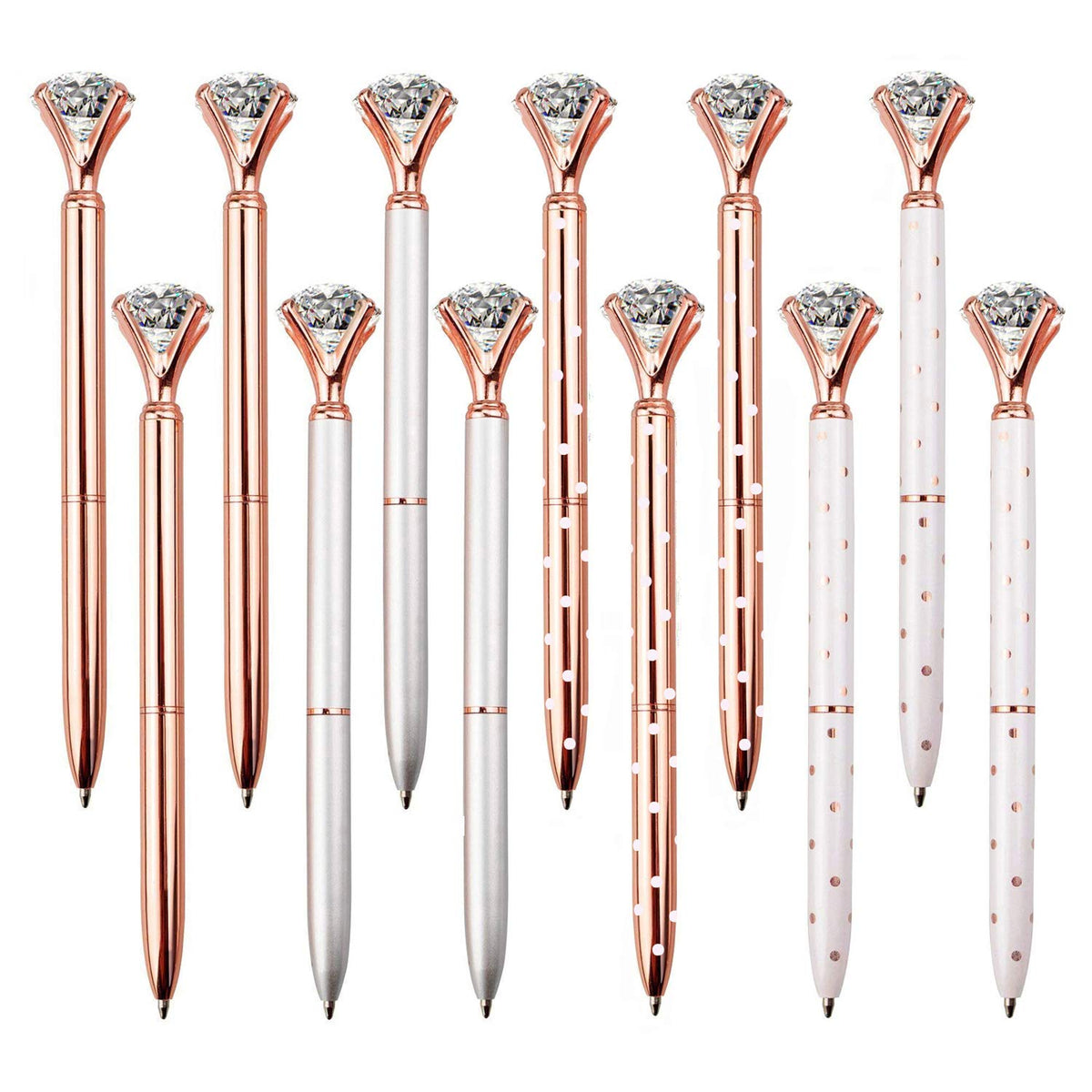Longkey 12Pcs Diamond Pens Large Crystal Diamond Ballpoint Pen Bling Metal Ballpoint Pen Office And School, Silver/White Rose Po