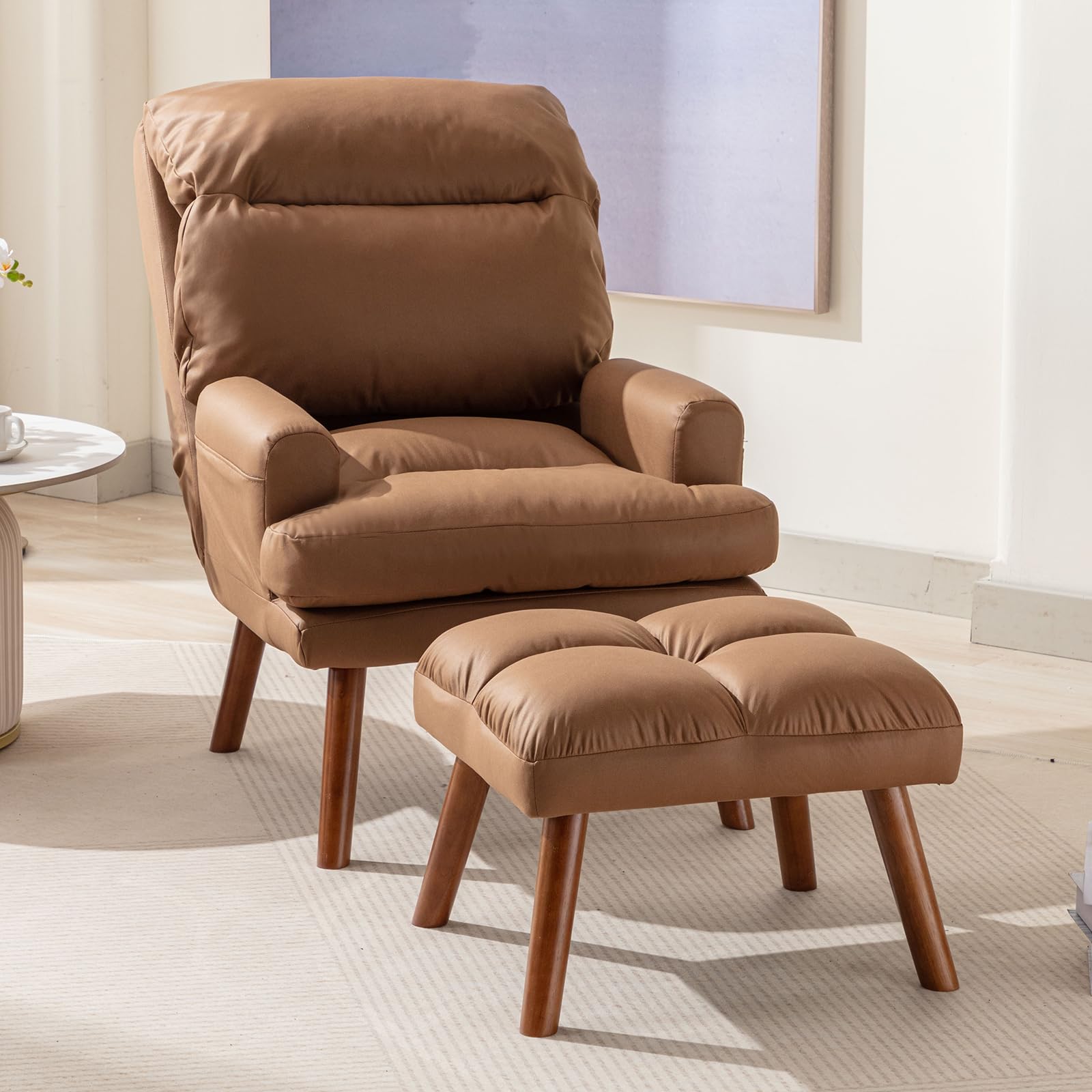 Inzoy Accent Chairs With Ottoman, Velvet Fabric Armchair With Ottoman For Bedroom Living Room, Mid Century Modern Chair With Adj