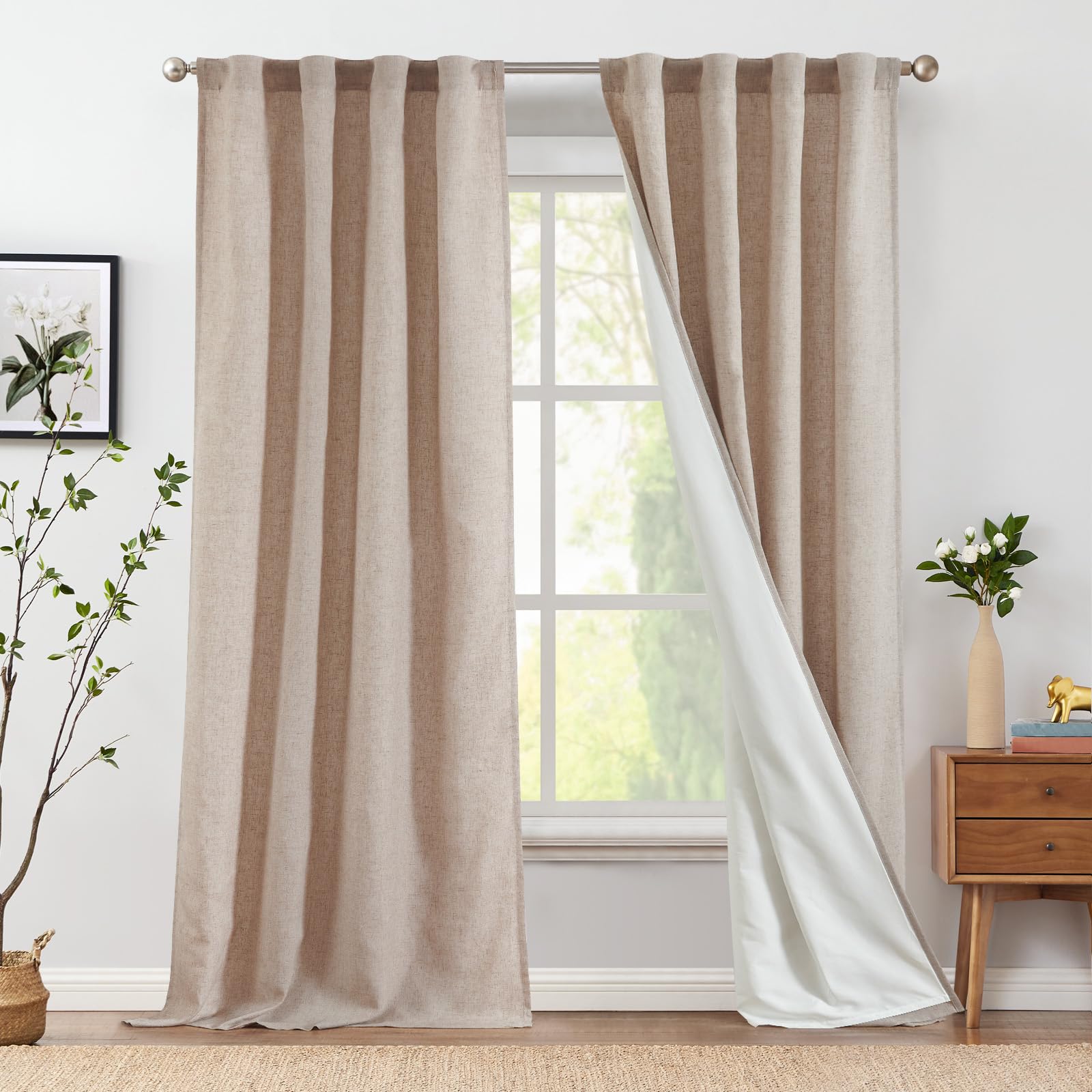 Jinchan Linen Blend Taupe Curtains 96 Inch Long For Living Room Farmhouse Rod Pocket Back Tab Light Filtering Window Drapes With Lined For Bedroom Taupe 2 Panels