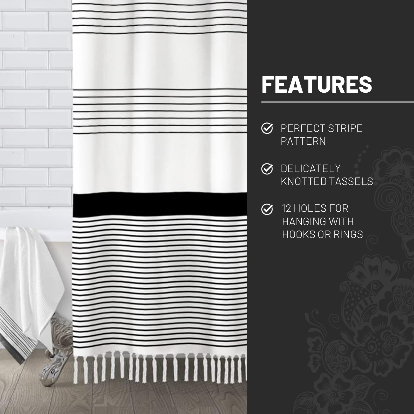 Awellife Black And White Shower Curtain For Bathroom Stripe Tassel Shower Curtain 72 X 72 Inches Farmhouse Linen