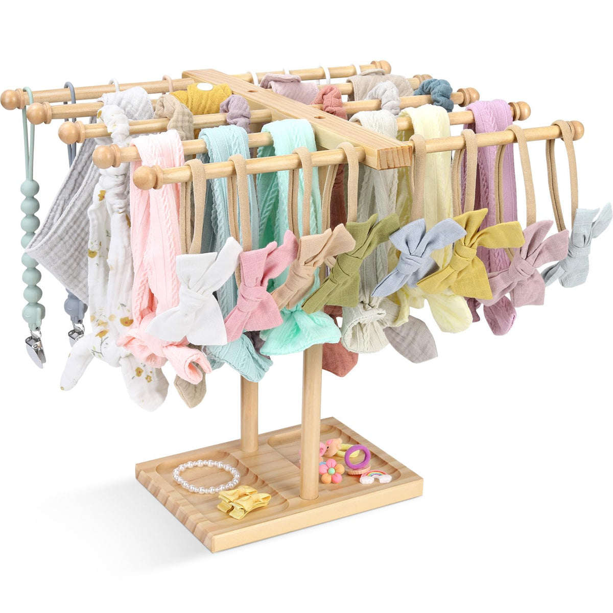 Povetire Headband Holder Stand Bow Organizer For Girls, 5 Row Wooden Bow Holder For Girls Hair Bows,Baby Headband Storage Infant