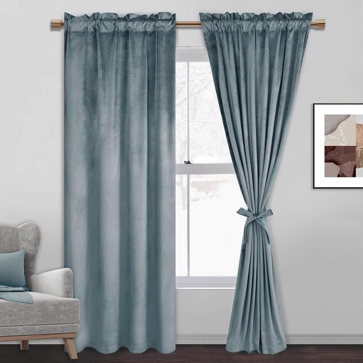 Jiuzhen Stone Blue Velvet Blackout Curtains For Bedroom - 72 Inches Thermal Insualted Room Darkening Rod Pocket Drapes For Offic