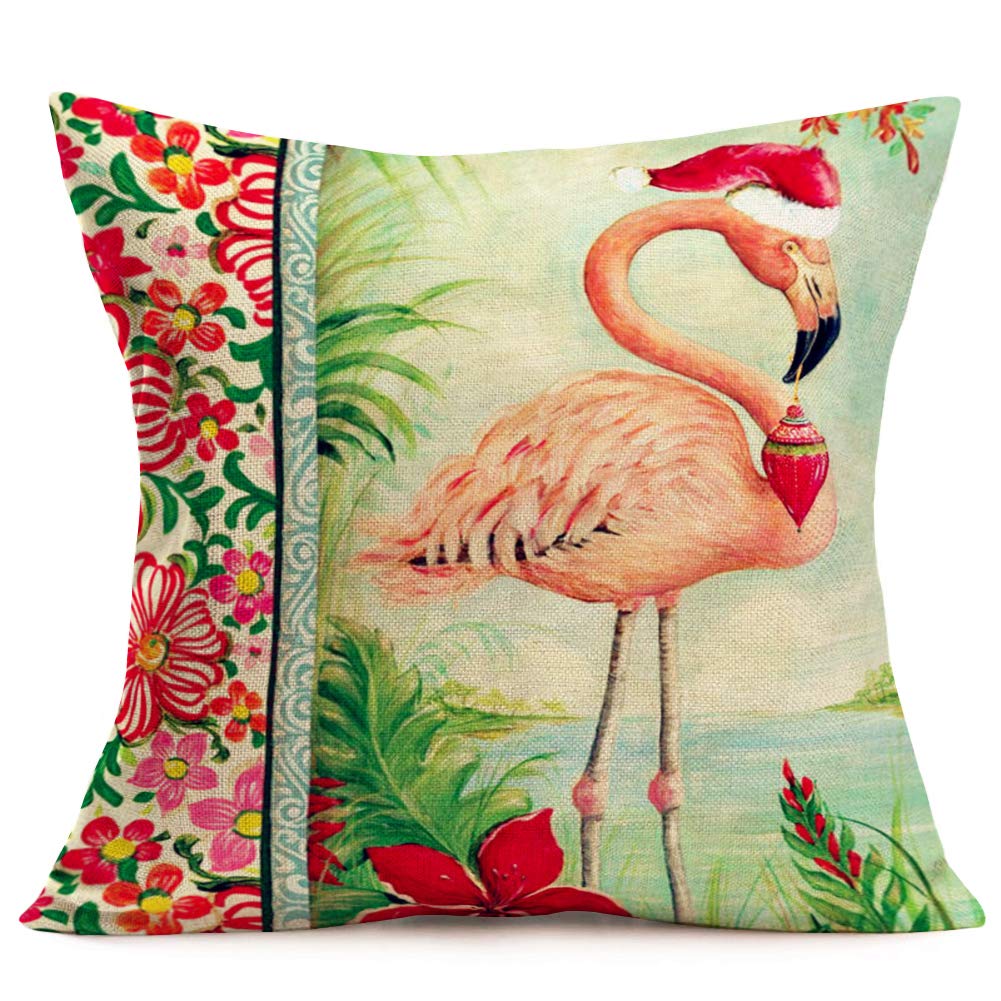 Tlovudori Merry Christmas Flamingo Decorative Pillow Covers Cotton Linen Floral Green Leaves With Christmas Hat Flamingo Xmas De