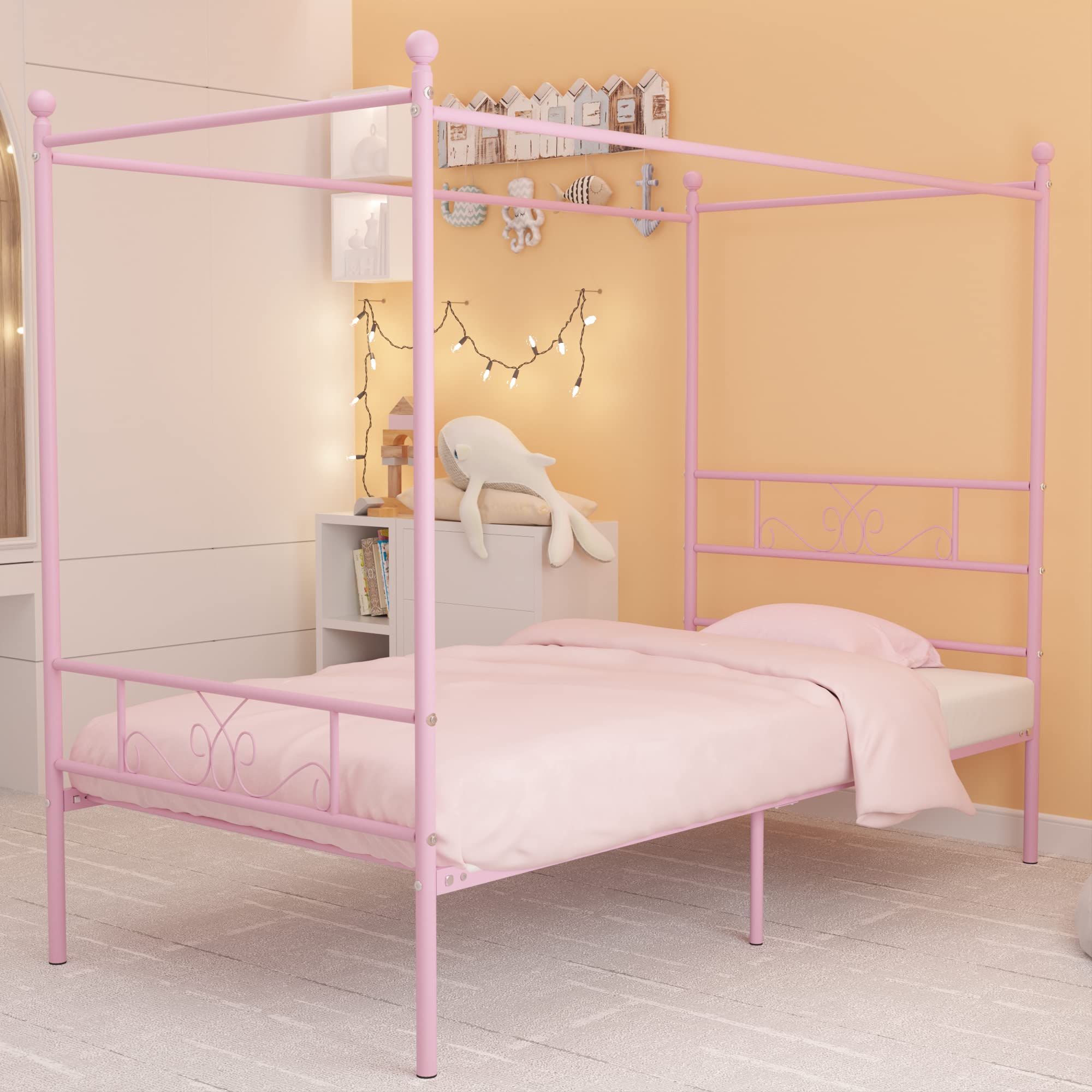 Weehom Twin Canopy Bed Frame With Headboard And Footboard, 4 Posters Metal Bed Frame, No Box Spring Needed, Mattress Foundation Platform Bed For Kids And Adults, Pink