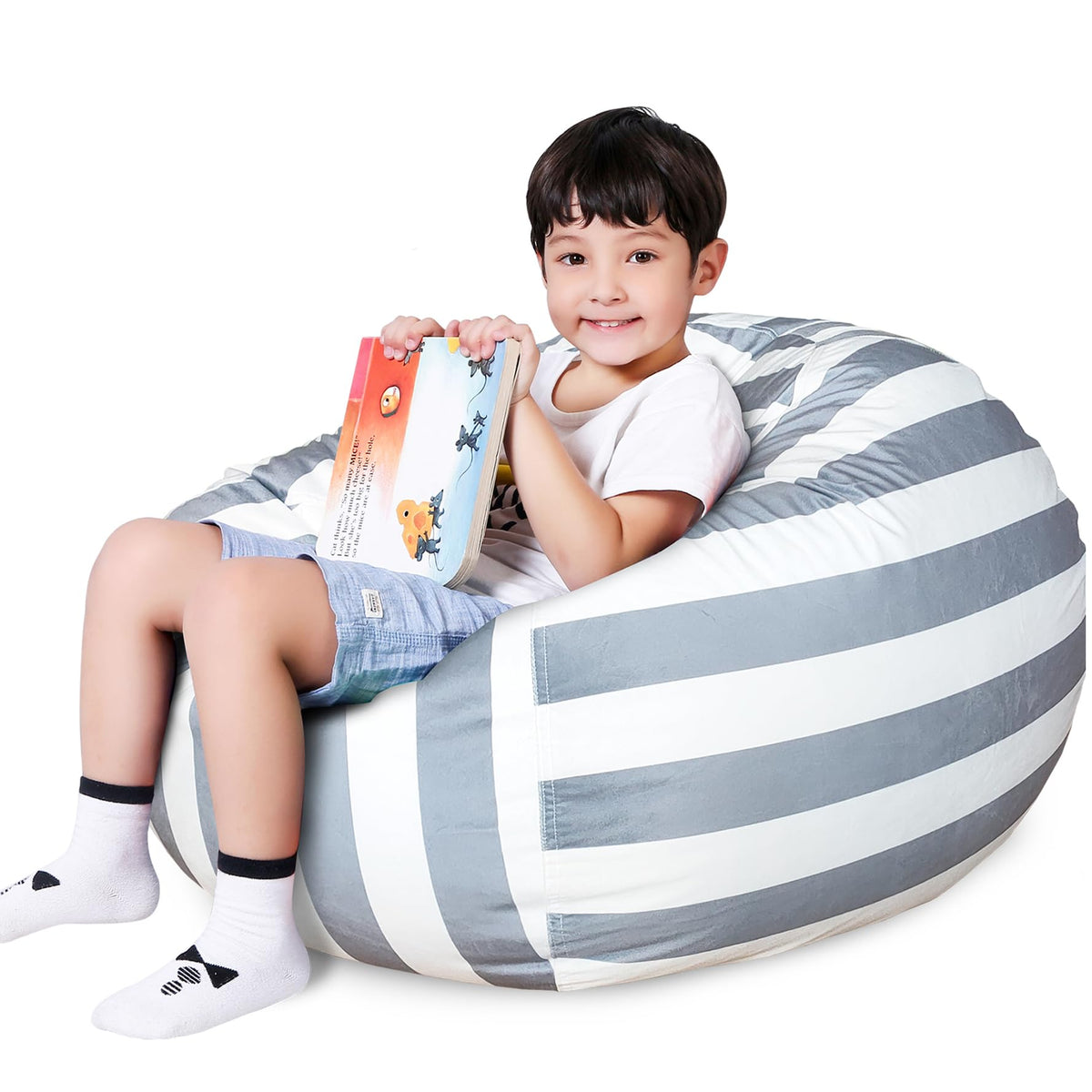 Lukeight Stuffed Animal Storage Bean Bag Chair Cover For Kids, Zipper Beanbag Chair Cover For Organizing Toddler And Kids' Rooms Plush Toys (Gray+White Velvet, X-Large)